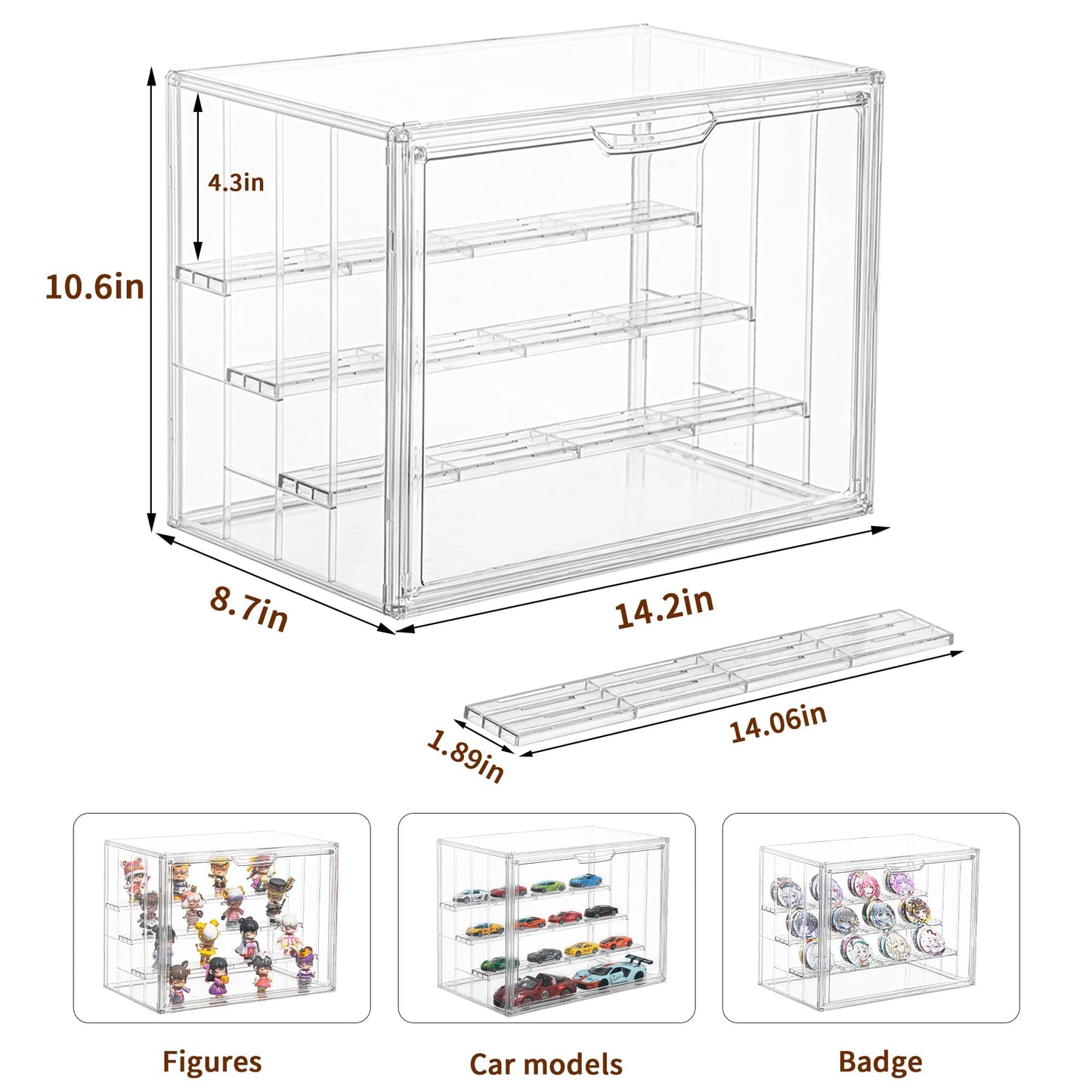 Acrylic Display Case for Collectibles 3 Layer Adjustable Display Case with Magnetic Door, Dustproof Clear Stackable Display Box for Figures Showcase, Shoe Box, Protection Organizer, Storage Bins-1Pack