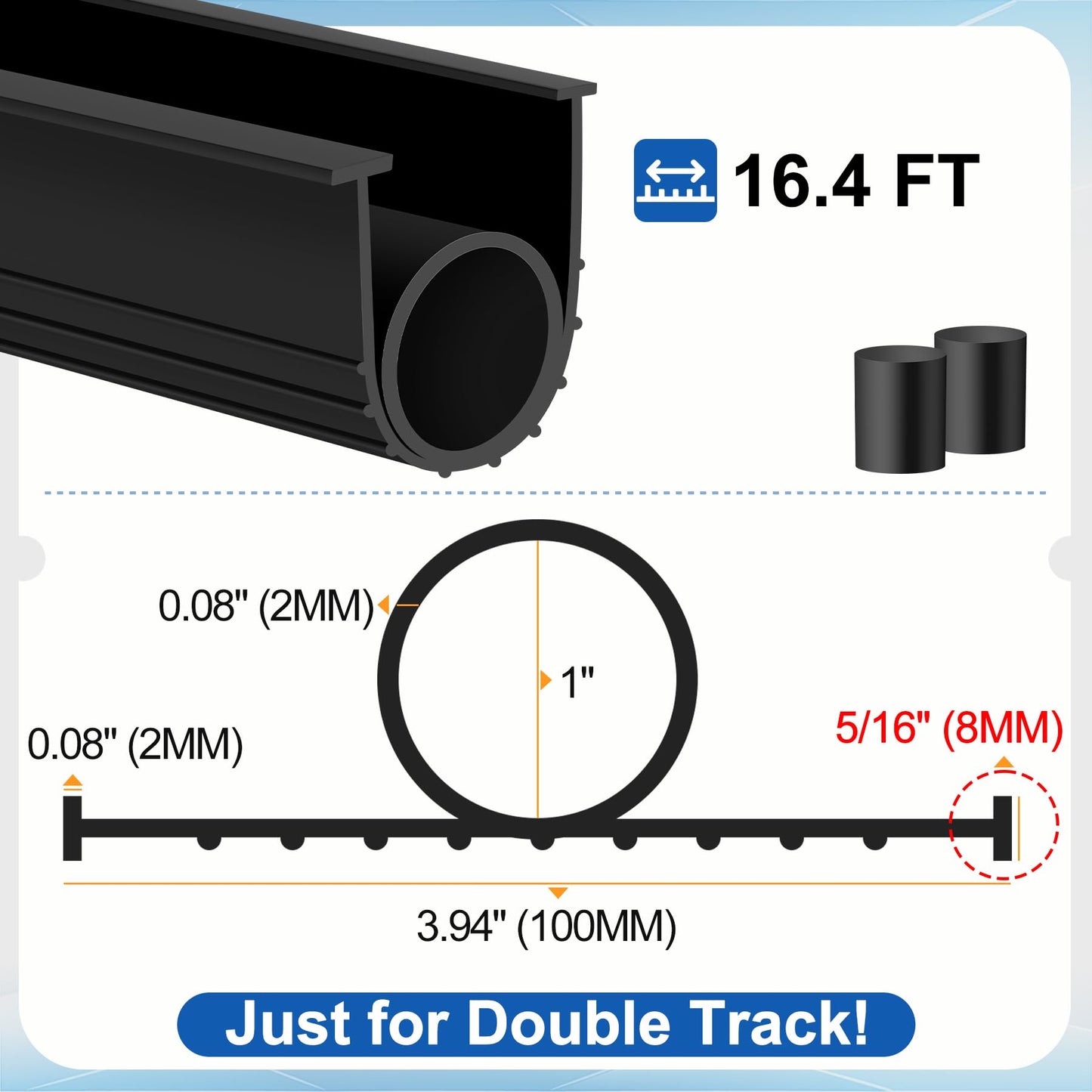 MYFAMIREA Garage Door Bottom Seals Rubber 16.4FT Weather Stripping Weatherproof Seal Replacement Strip Kit with 5/16"T Ends & 2 End Plugs, Universal U+O Ring Buffering Sealing for Double Track, Black