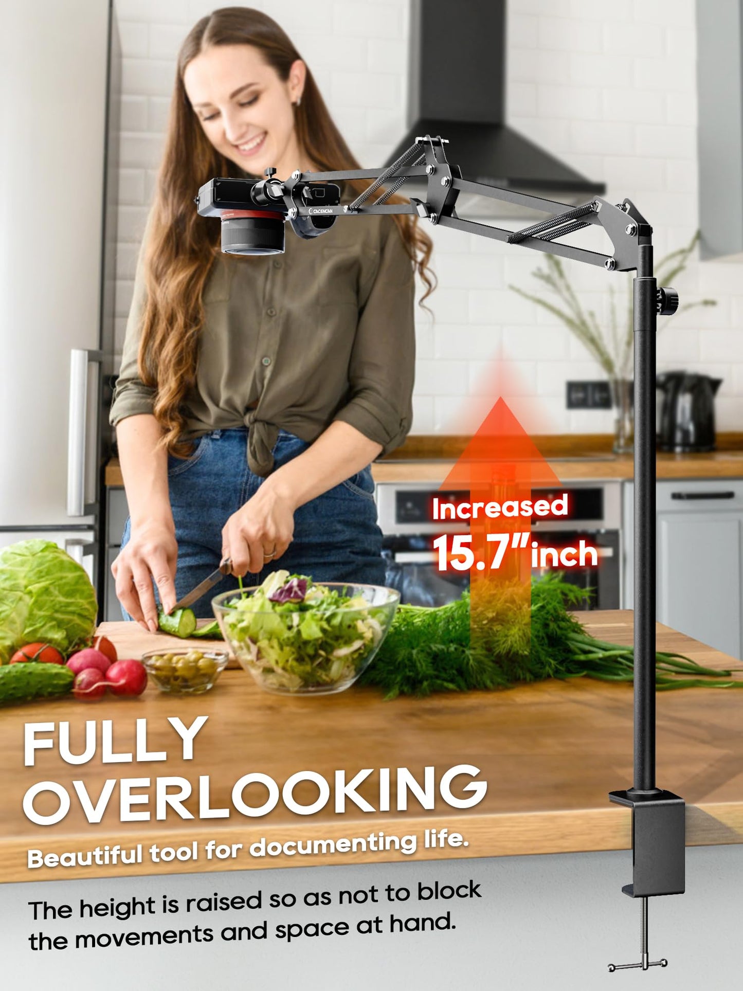 CACENCAN Overhead Camera Mount, 5lb Horizontal Load-Bearing, 360° Adjustable Stand for Desk, Flexible Camera Arm Desk Mount, with Phone Clamp, Tabletop Mount for DSLR Camera/Webcam/Microphone