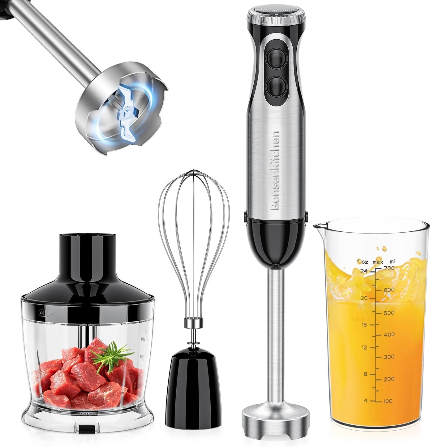 Bonsenkitchen 4-in-1 Immersion Blender Handheld, 20 Speeds Hand Blender with Turbo Mode, Stainless Steel Blade, Egg Whisk, Beaker & Chopper Bowl, Stick Mixer for Soup，Smoothie，Puree，Baby Food