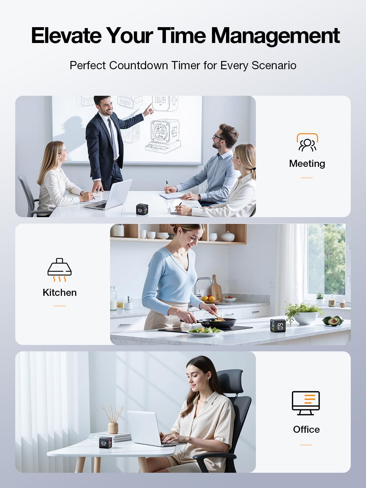 Ticktime TK3 Pomodoro Timer Cube, Desk Productivity Timer with 5/10/30/60 Min Presets, Custom Countdown, Stopwatch, Clock, 3 Alarm, Silent, Vibrate & Sound Alert, for Task, ADHD, Study, Kitchen, Black