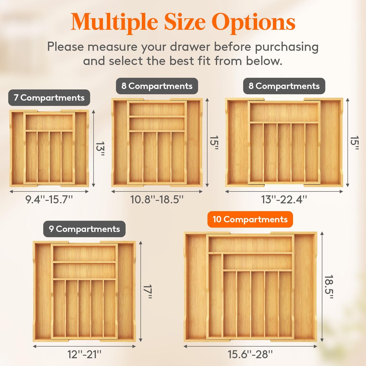Lifewit Silverware Drawer Organizer, Expandable from 15.6 to 28", 10 Slots Utensil Tray for Kitchen, Bamboo Flatware and Cutlery Organizer, Wood Adjustable Storage for Spoons Forks Knives, Natural