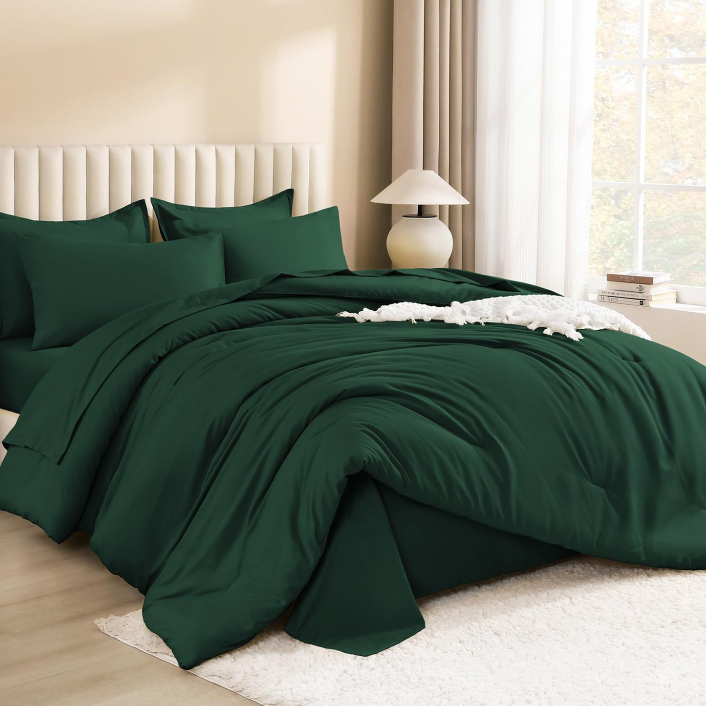 Litanika King Size Comforter Set Dark Emerald Green - 7 Pieces Bed in a Bag King Bedding Comforter Sets, Solid Lightweight Bed Set with Comforter, Sheets, Pillowcases & Shams