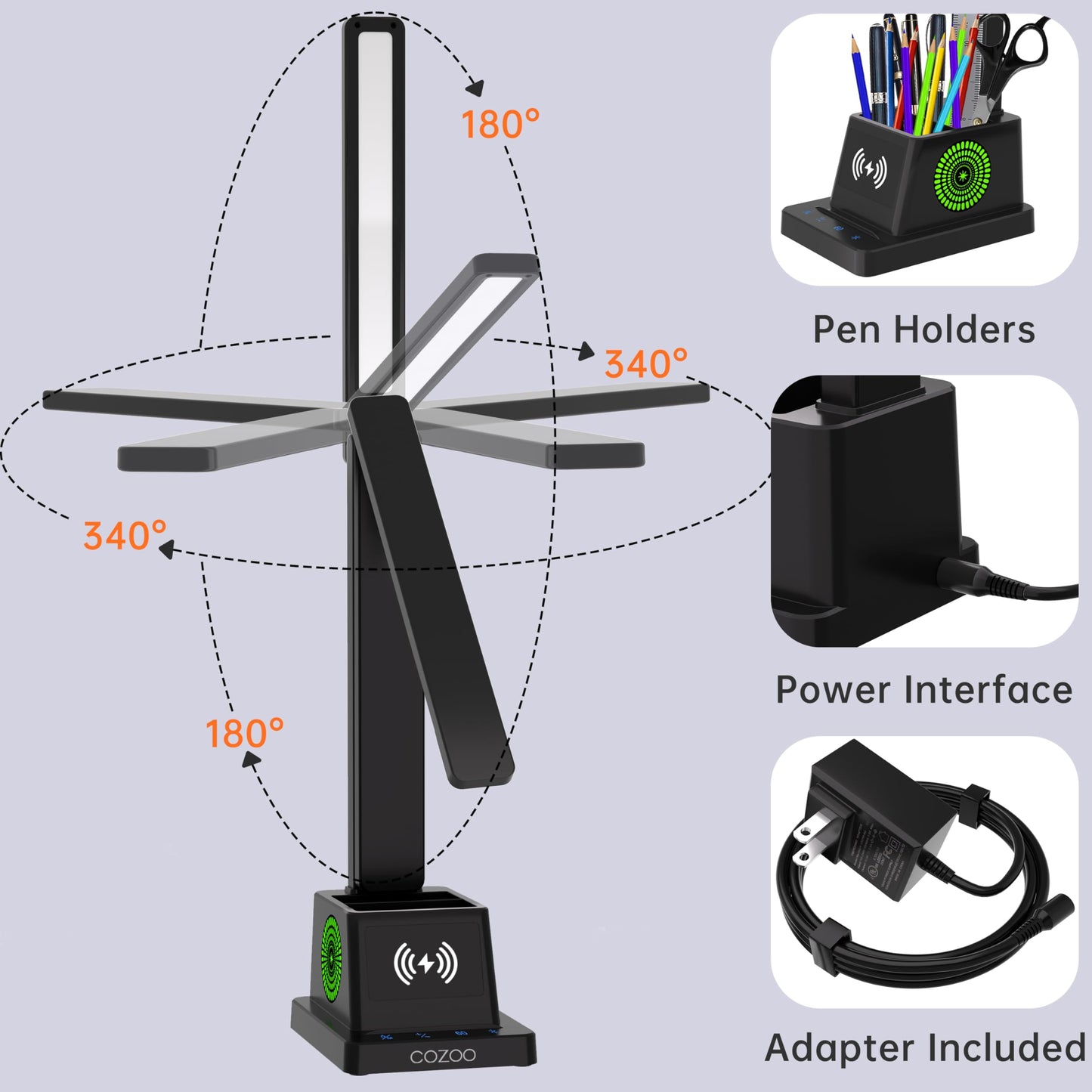 cozoo Desk Lamp,LED Desk Lamps for Home Office,Wireless Charger Small Lamp with Pen Holder,Color Changing Nightlight,12 Lighting Modes,Table Light fot Nail, Lamps for College Dorm Room