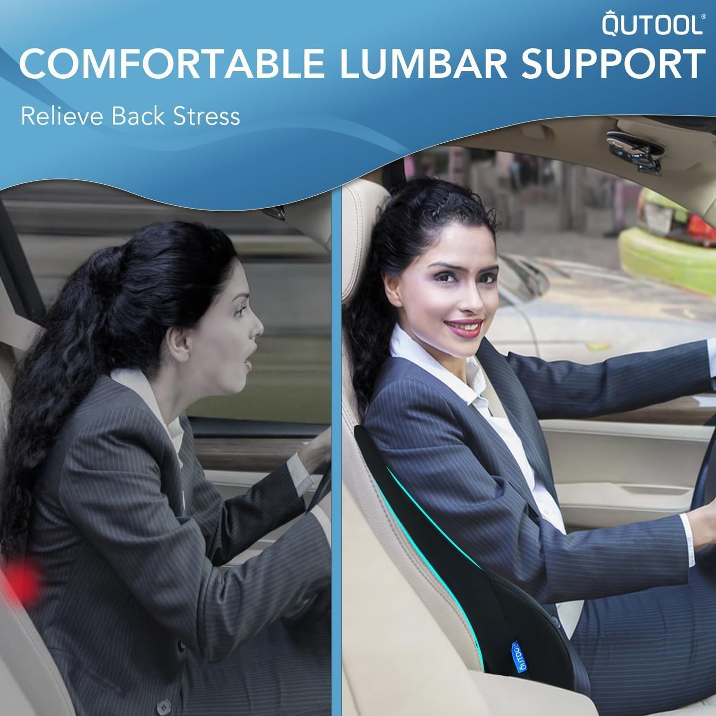 QUTOOL Lumbar Support Pillow for Car & Truck, Memory Foam Back Cushion for Driving Seat, Long-Time Driving Comfort, Washable Cover, Lower Back Support Fits Most Vehicles (Black)