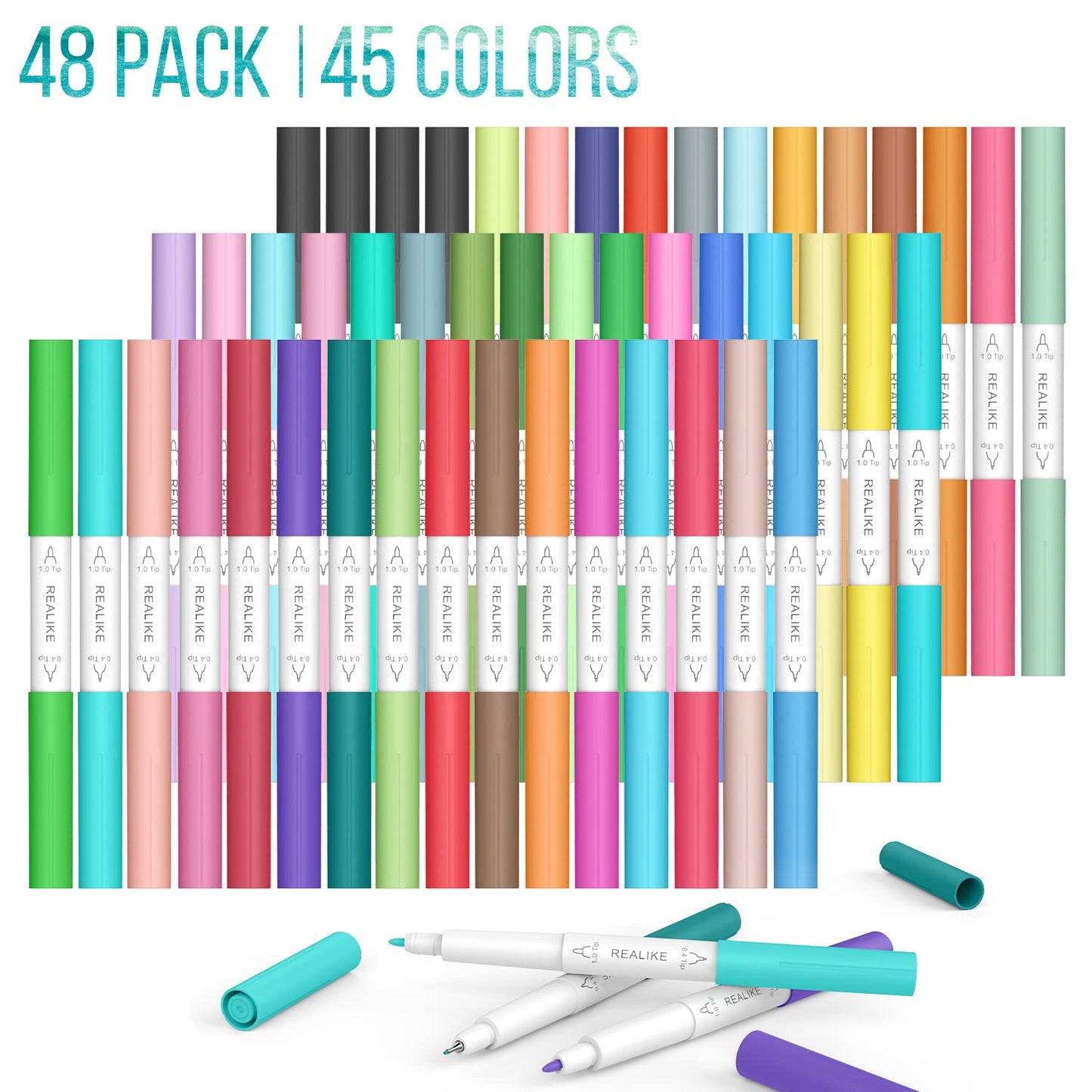 REALIKE Dual Tip Pens for Cricut Maker 3/Maker/Explore 3/Air 2/Air, Dual Tip Marker Pens Set of 48 Pack Fine Point Pen Writing Drawing Accessories for Cricut Machine (0.4 Tip & 1.0 Tip)