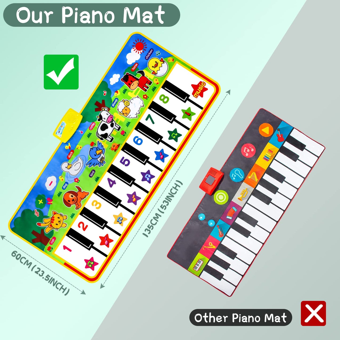 M SANMERSEN Piano Mat, 53'' x 23'' Musical Toys for Toddlers, Green Animal Theme, Electronic Keyboard, Piano Dance Mat, 16 Keys, 8 Animal Sounds & 8 Demo Melodies
