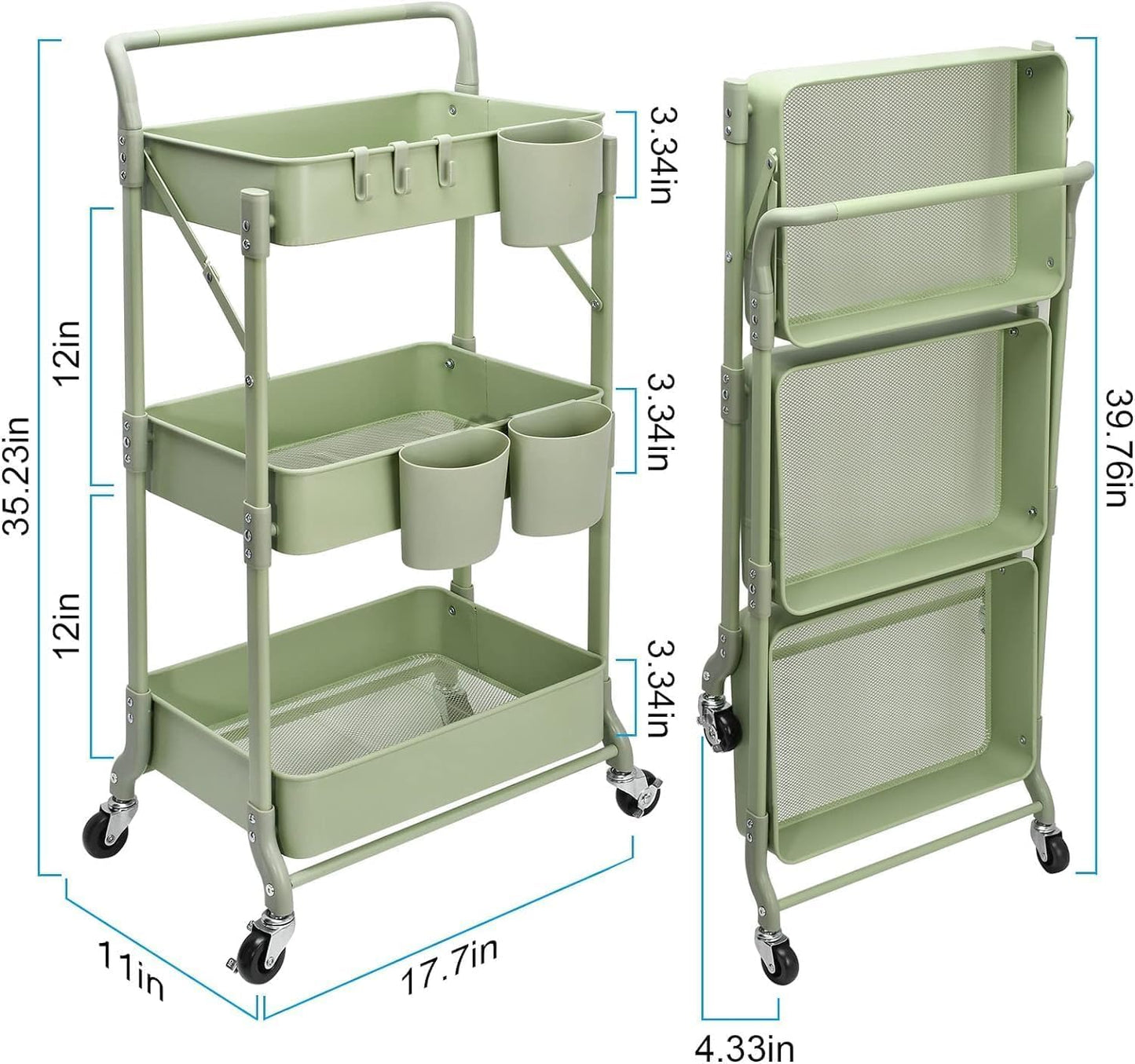johgee Foldable 3 Tier Rolling Cart, Folding Metal Utility Cart, Mobile Multi-Function Storage Trolley Organizer Cart for Home Library Office(Green)