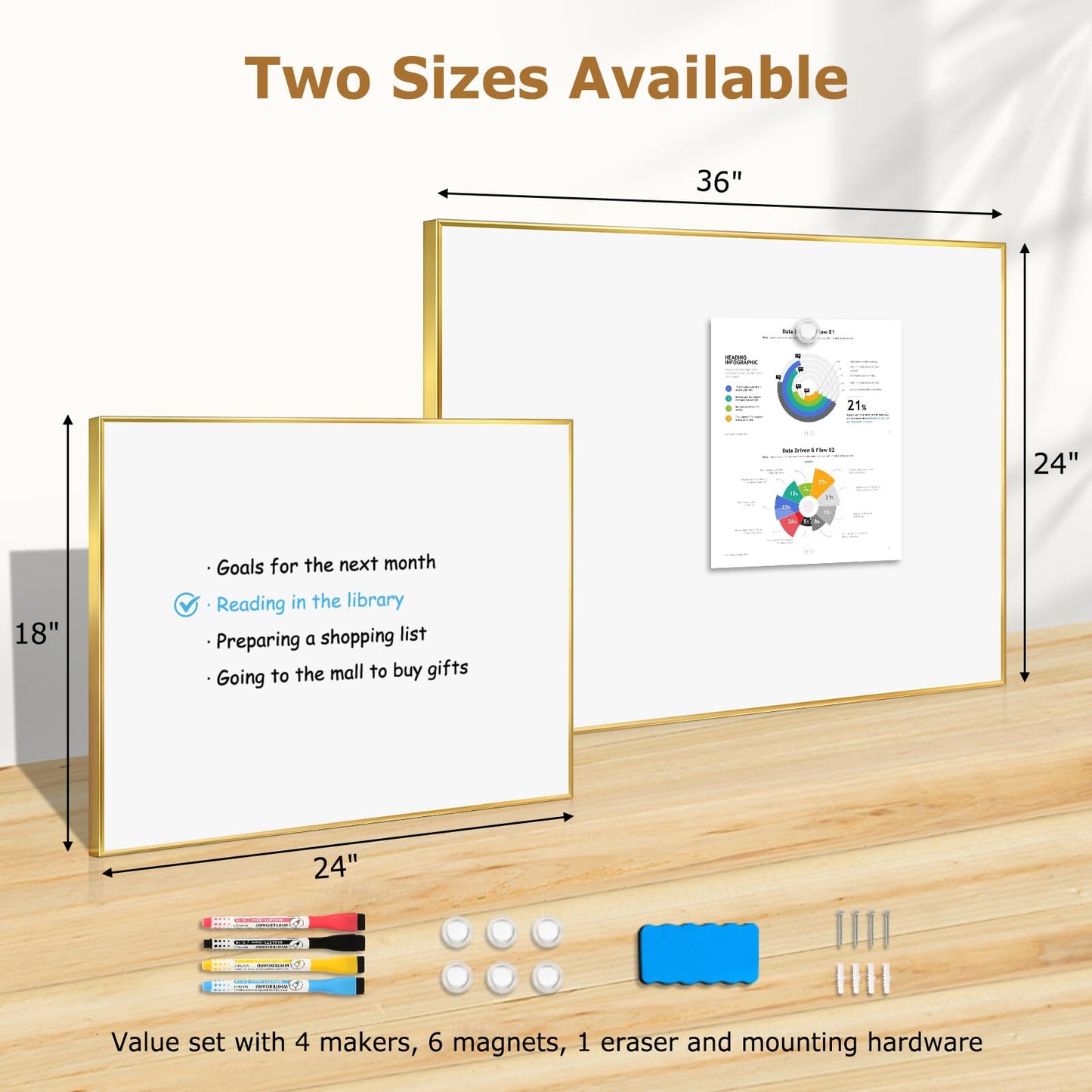 Magnetic White Board with Slim Gold Aluminum Frame 36 x 24 Inch, Large Wall-Mounted Dry Erase Board for Home & Office, Horizontal/Vertical Hanging, Includes 11 Accessories (Markers, Magnets, Eraser)
