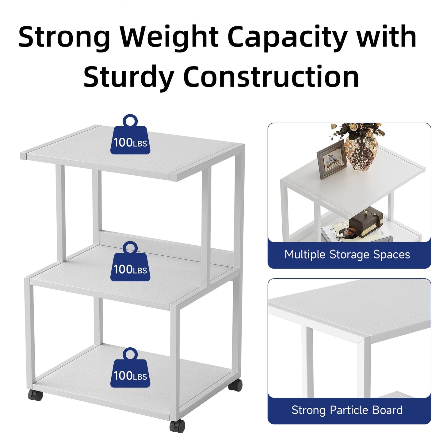 Vermess Printer Stand, Large 3 Tier Printer Table with Wheels, Industrial Printer Storage Cart, Rolling Printer Cart with Storage Shelf for Printer Scanner Fax Home Office Use, White