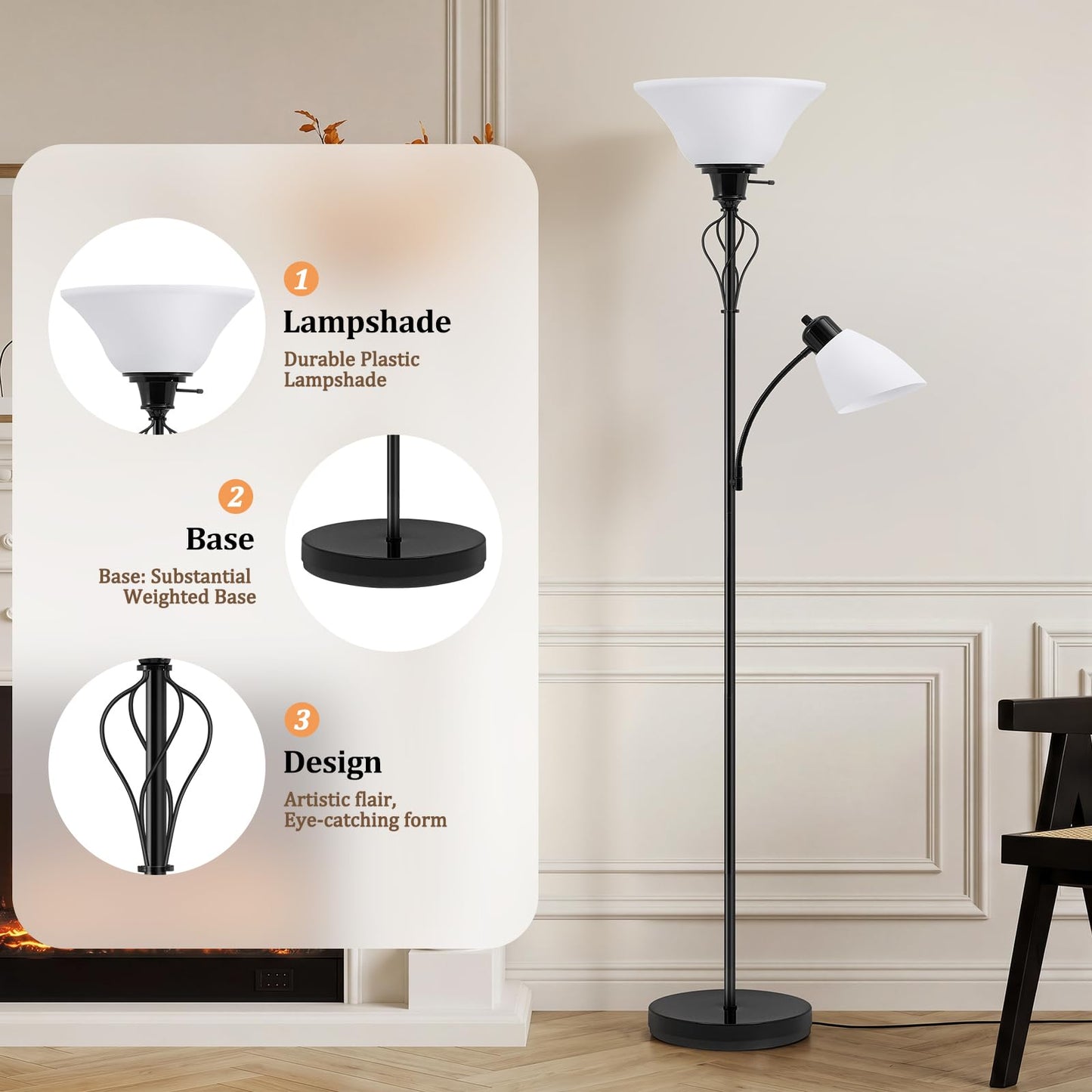 Floor Lamp for Bedroom, 70" Tall 2-in-1 Torchiere Floor Lamp with Adjustable Gooseneck Reading Light, Plastic Shade Lamps Separate On/Off Switch Modern Corner Standing Lamp for Living Room, Office
