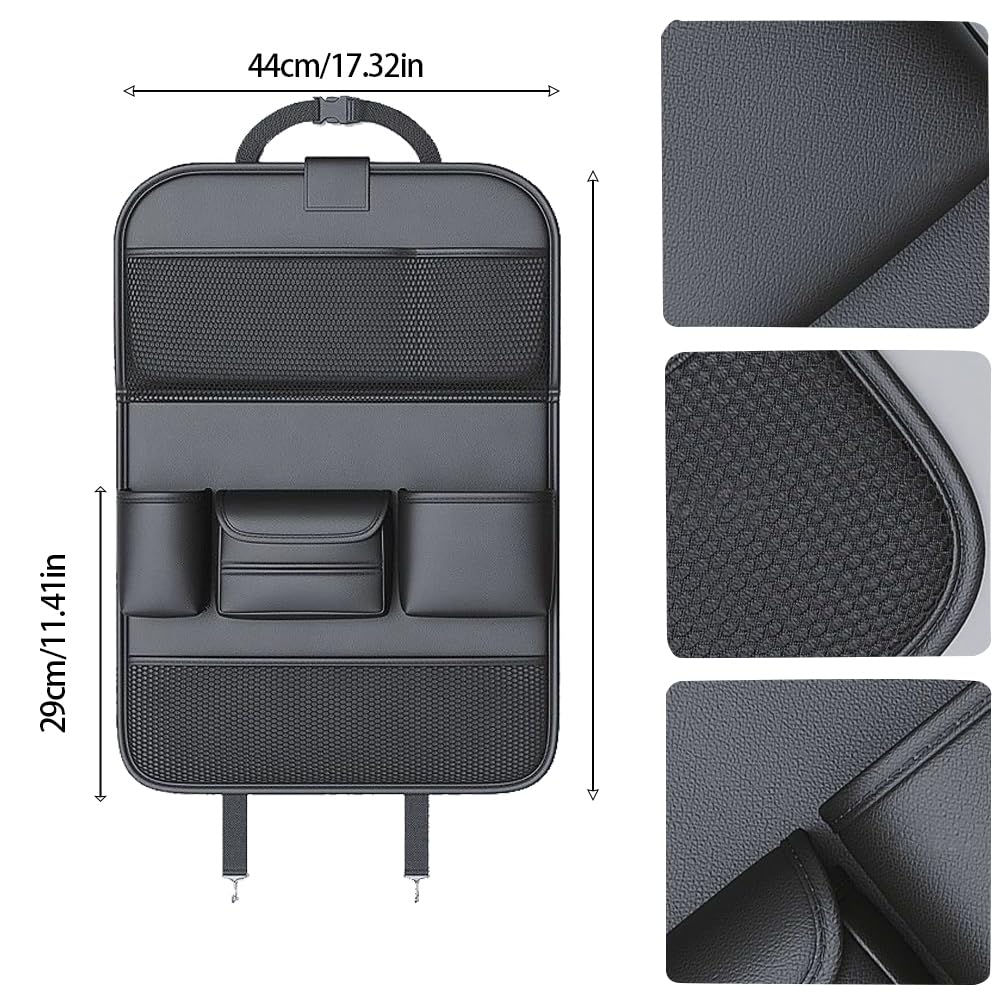 2 Pack Car Back Seat Organizer Leather Car Storage Organizer with Foldable Food Table Tray and Pockets Kick Mats Backseat Protector Travel Accessories (2, Black)