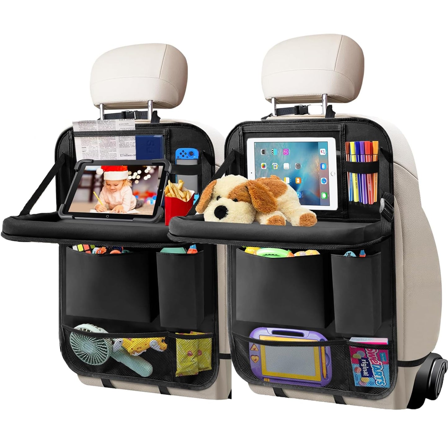 Meirenda 2 Pack Car Backseat Organizer with Foldable Food Tray, Multi-Pocket Multifunctional Hanging Car Storage Organizer Bag with Tablet Holder, Kids Car Kick Mats Seat Back Protector for Travel