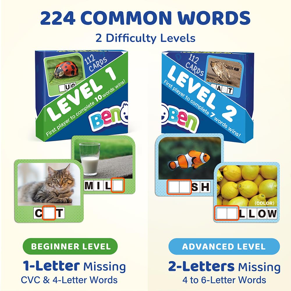 BenBen Spelling Games with 224 Flashcards, 2-4 Players, Learning Games for Kids Ages 4-8, Educational Autistic Toys for Kindergarten 1st 2nd 3rd Grade, Preschool Autism Classroom Must Haves