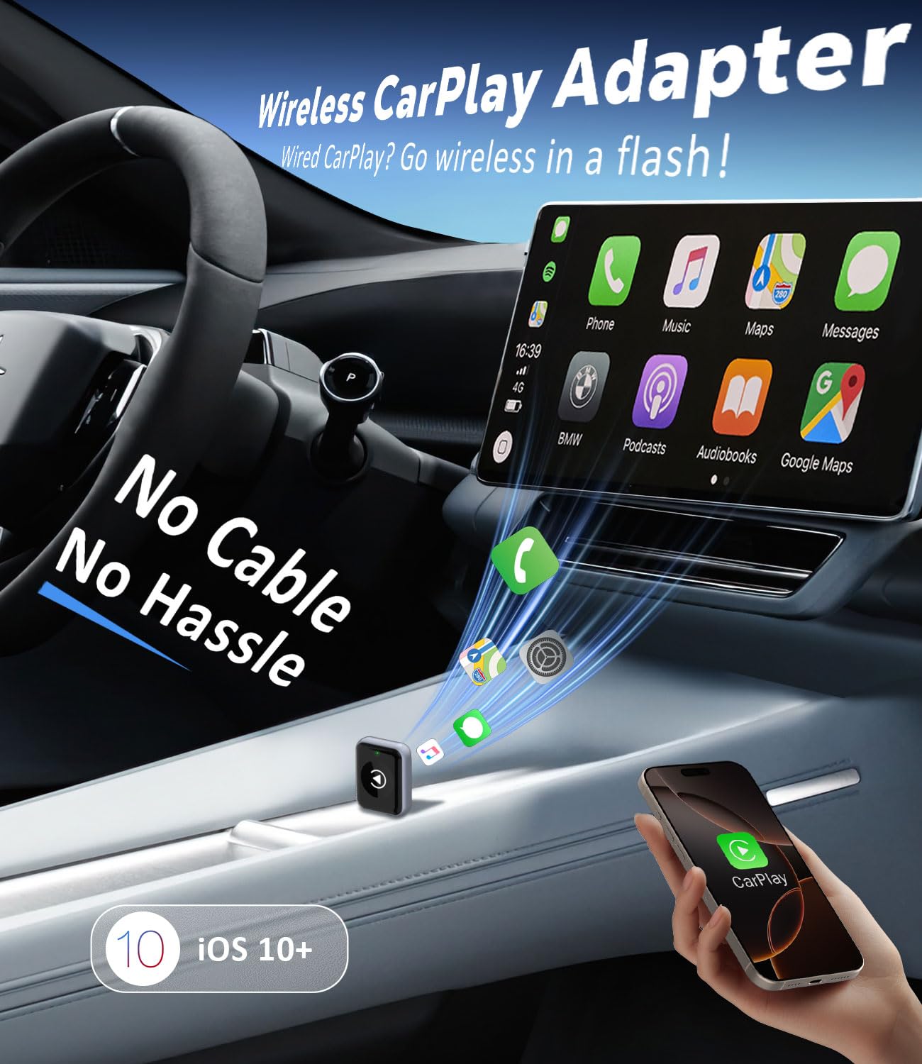 MoKo for Apple Carplay Wireless Adapter (2025 Upgraded), Fast Auto-Connect, No Latency, Plug & Play, Bluetooth 5.3 & WiFi 6, Mini Wireless Car Play Adapter Dongle for iPhone 6~16 and Cars 2015+