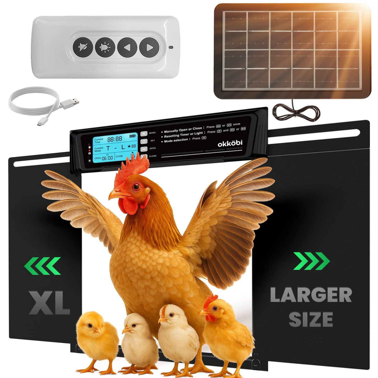 Extra Large Automatic Chicken Coop Door Solar Powered with Remote – LCD Display, Light Sensor, Timer & Anti-Pinch Function – 28.7 cm x 22.1 cm Door Opening – 5-Year Protection – Black – by Okköbi