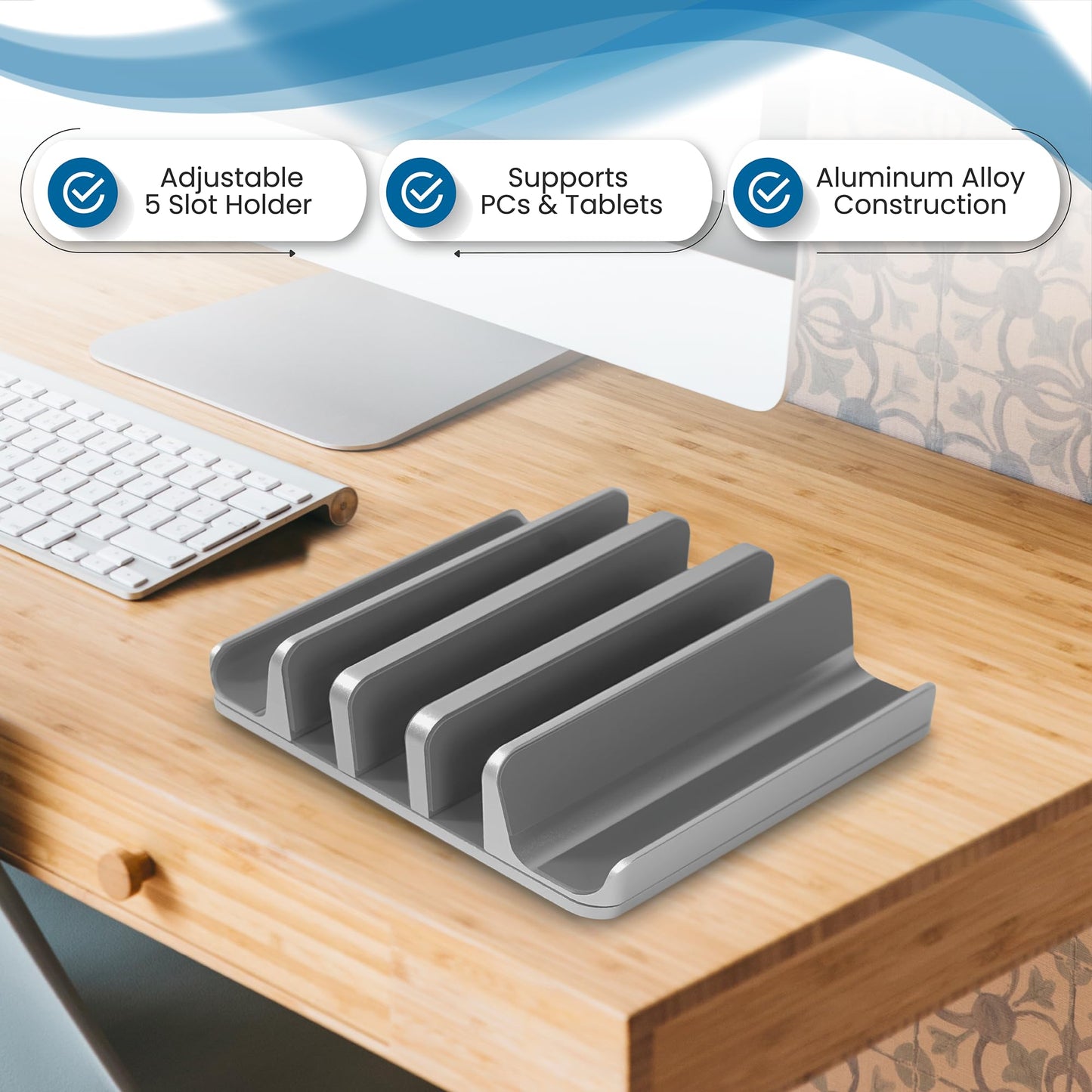Multiple Laptop Holder Vertical – Adjustable Laptop Vertical Stand Holds 5 Devices, Fits All MacBooks Laptops Tablets and Mobiles (up to 17.3”). Closed Upright Vertical Laptop Stand for Desk (Grey)