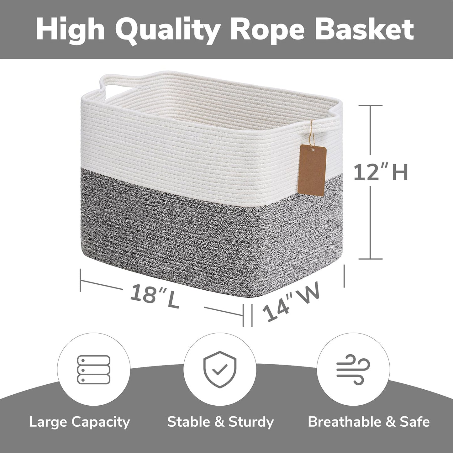 Goodpick Woven Storage Basket, Cotton Rope Baskets with Handles, Toy Baskets Storage Kids, Blanket Basket for Living Room, Bedroom, Light Grey, 18 x 14 x 12 Inches