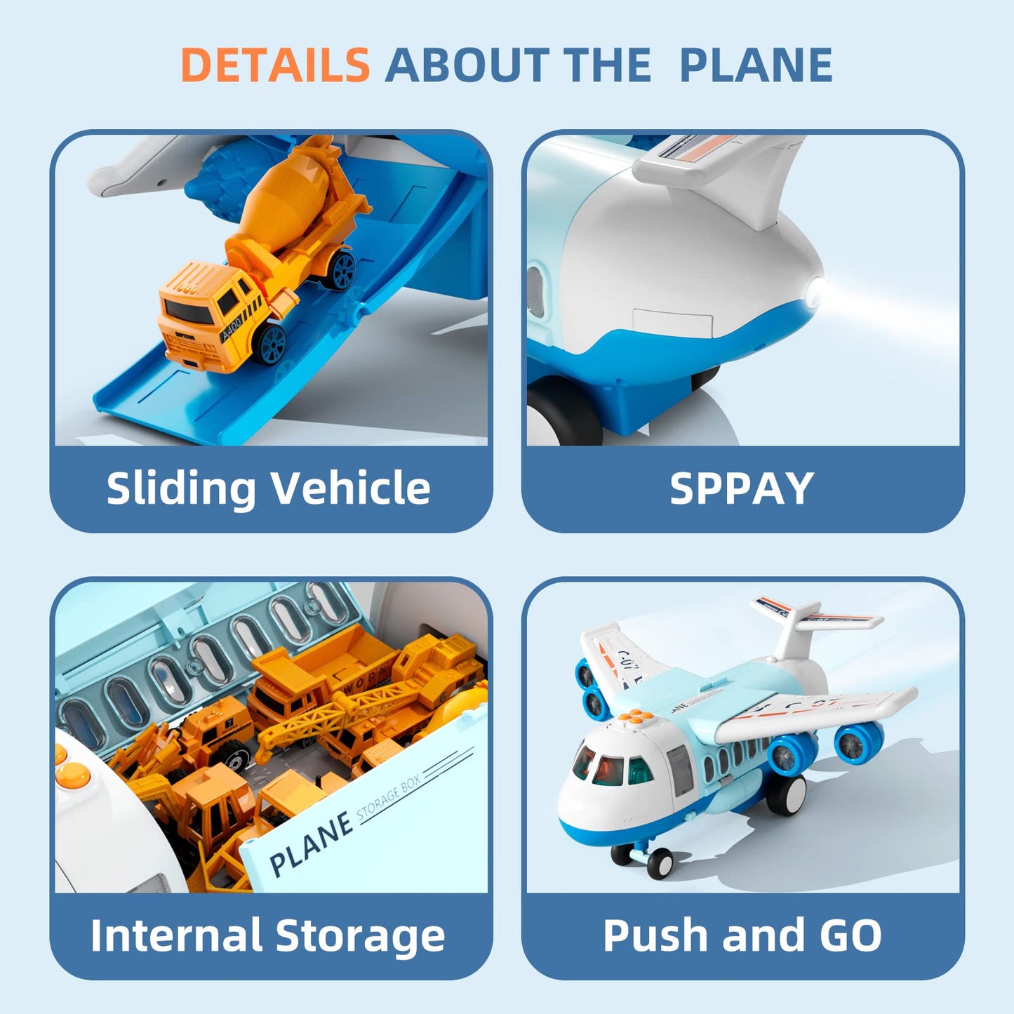 Transport Cargo Airplane, Large Theme Airplane Toy Set,Educational Toy Vehicle Play Set with Smoke, Sound and Light, Fricton Powered Airplane with Mini Cars, Birthday Gift for Boys and Girls