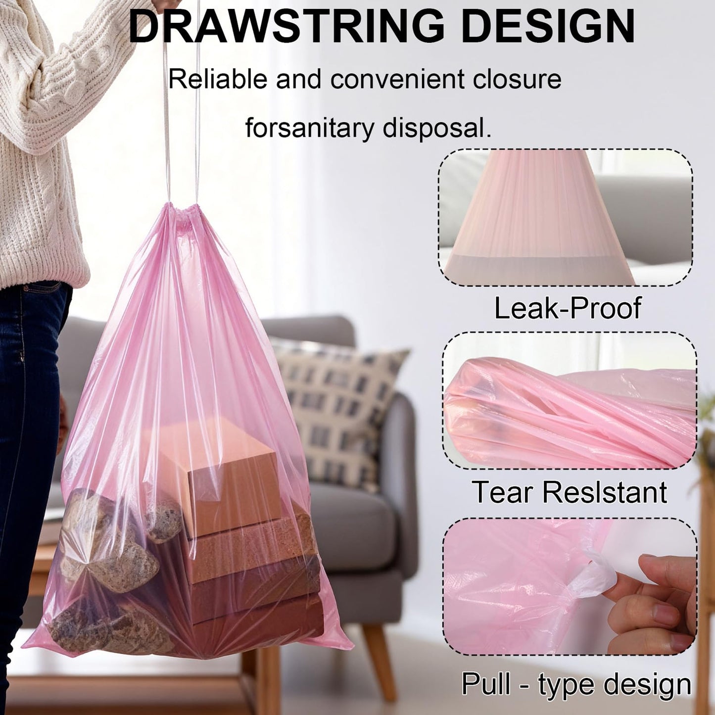 30 Gallon Drawstring Trash Bags,30 Count Multipurpose Extra Thick Garbage Bags,Break Resistant Drawstring Closure, for Office Home Hospital Big Waste Binst (Pink)