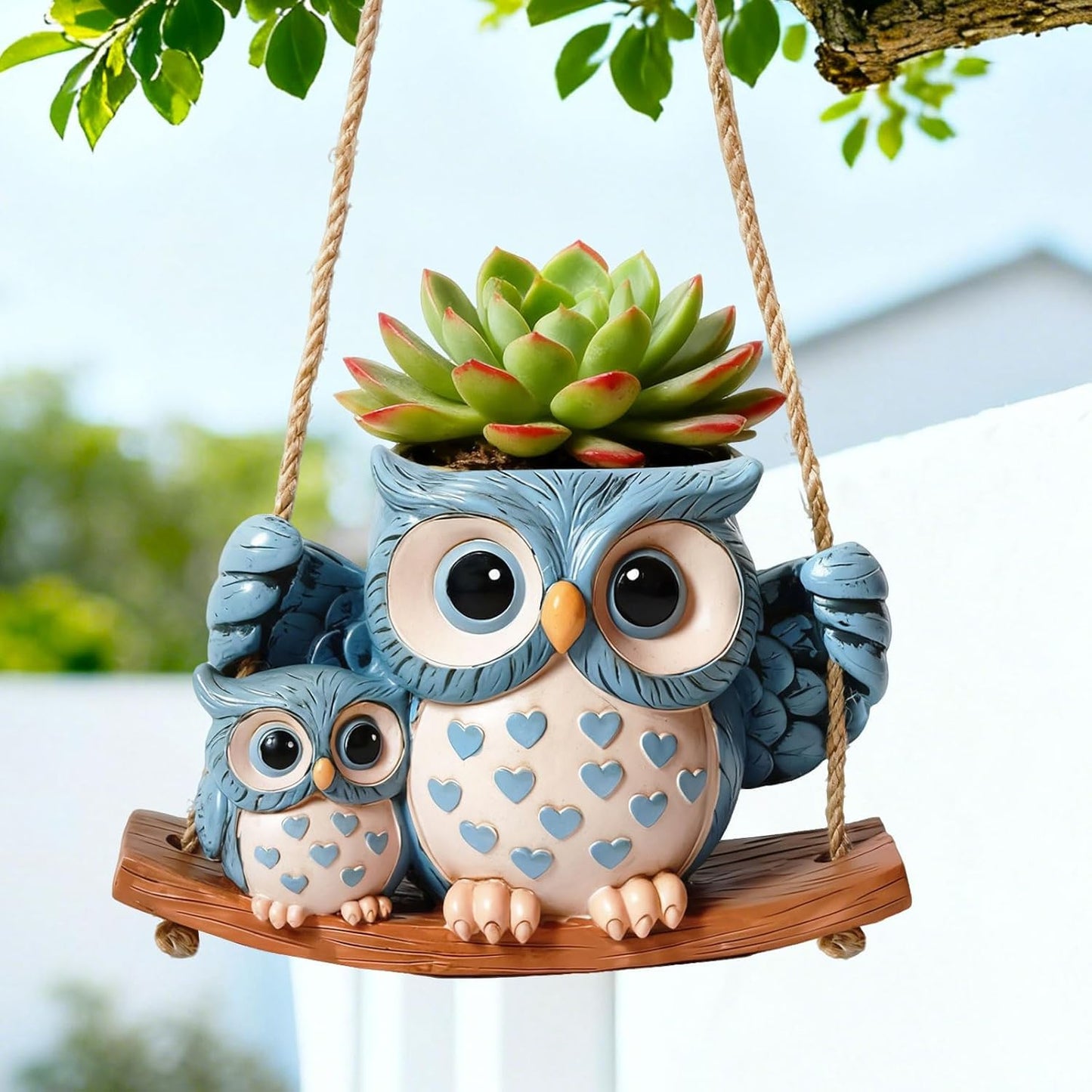 Swing Owl Hanging Planters for Indoor Plants, No-Drill Cute Resin Succulent Pots with Drainage Hole & Plug, Hanging Plant Holder for String of Pearls, Unique Gardening Gifts for Mom & Women