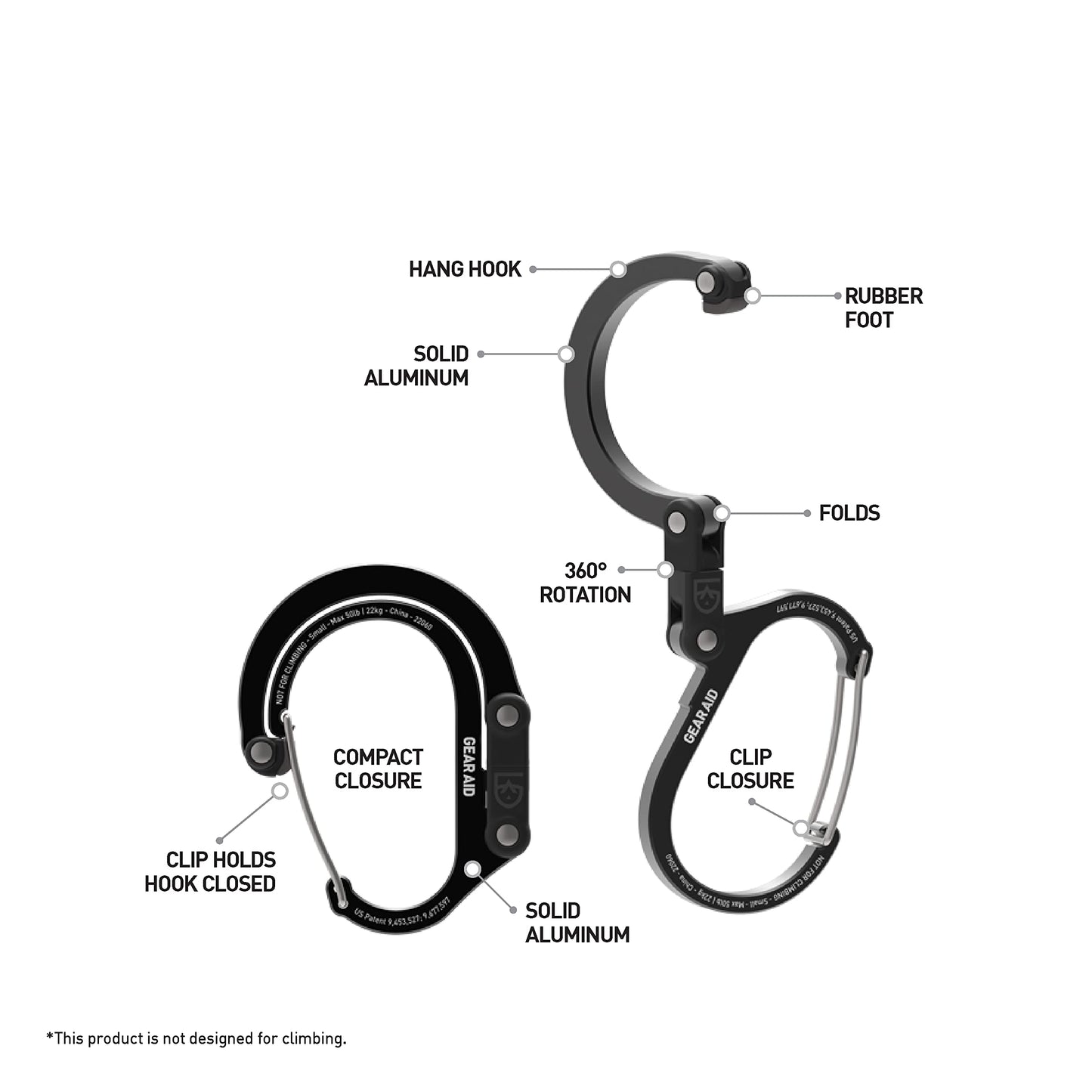GEAR AID HEROCLIP Carabiner Clip and Hook (Small) for Purse, Stroller, and Backpack, Stealth Black, 2 Pack