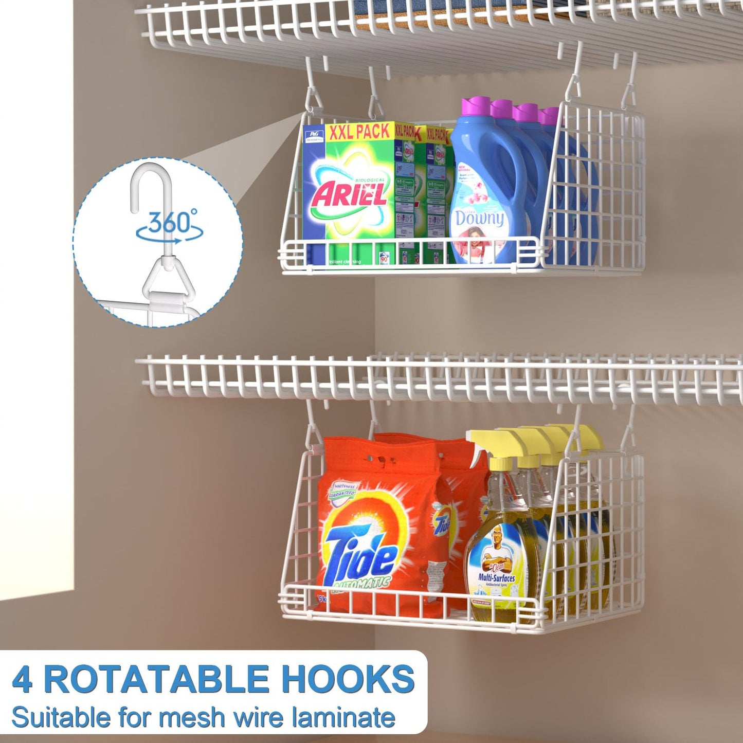 PUPPYCUTE Laundry Room Organization and Storage, Hanging Wire Basket with 360°Rotating Hooks, Over Washer and Dryer Shelves, Laundry Organizers and Storage Basket 3 Pcs, white