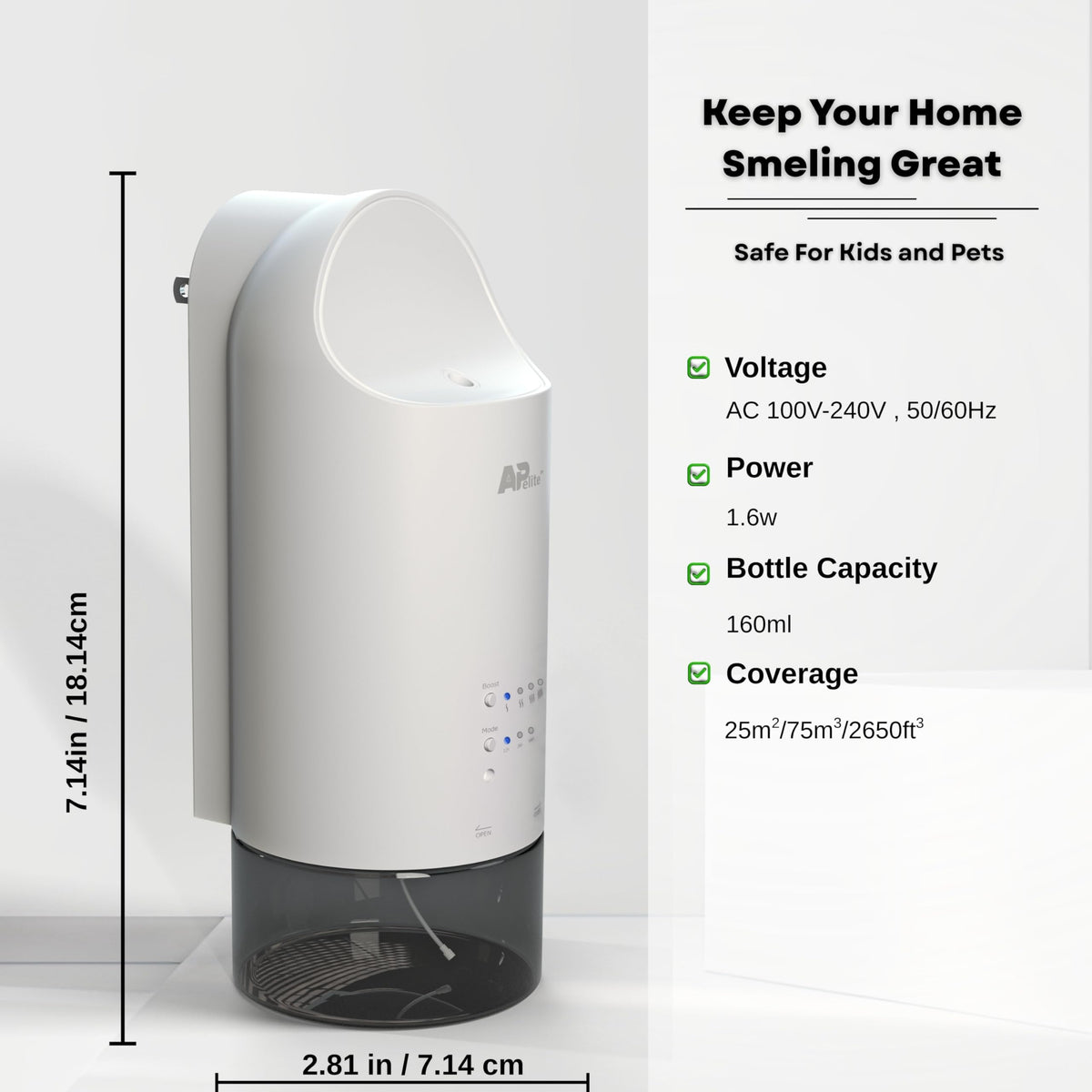 APelite™ Wall Plug-In Waterless Essential Oil Diffuser, Cold-Air Nebulizing Scent Machine, Light-Sensing Mode, 160ml Bottle, H705 Adjustable Home Fragrance