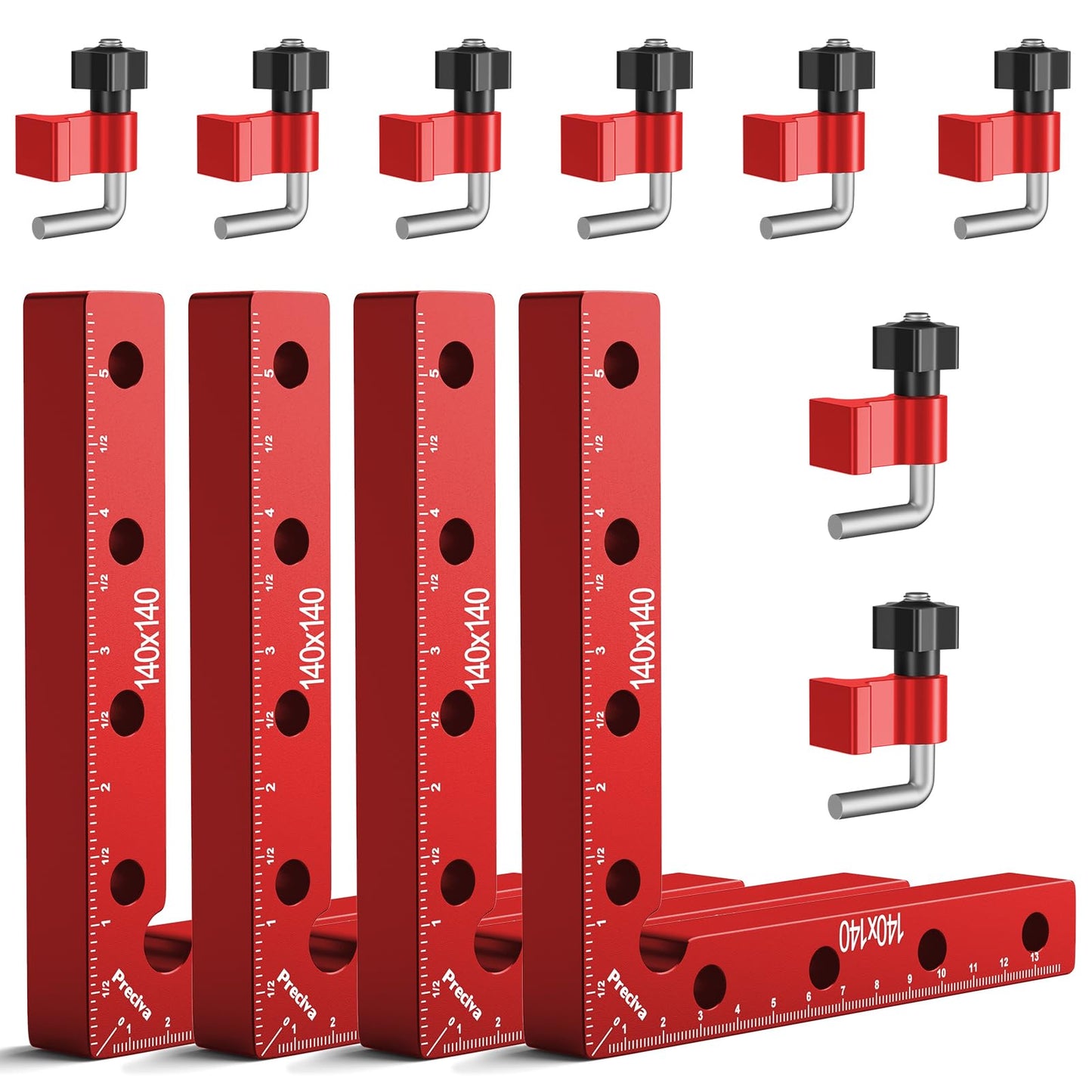 Preciva 90 Degree Positioning Squares (14cm/5.5"), Aluminum Alloy Right Angle Clamps Fixing Clamp, Professional Woodworking Tools Carpenter Squares for Picture Frame Box (5.5inch*4 Pack) (Red)