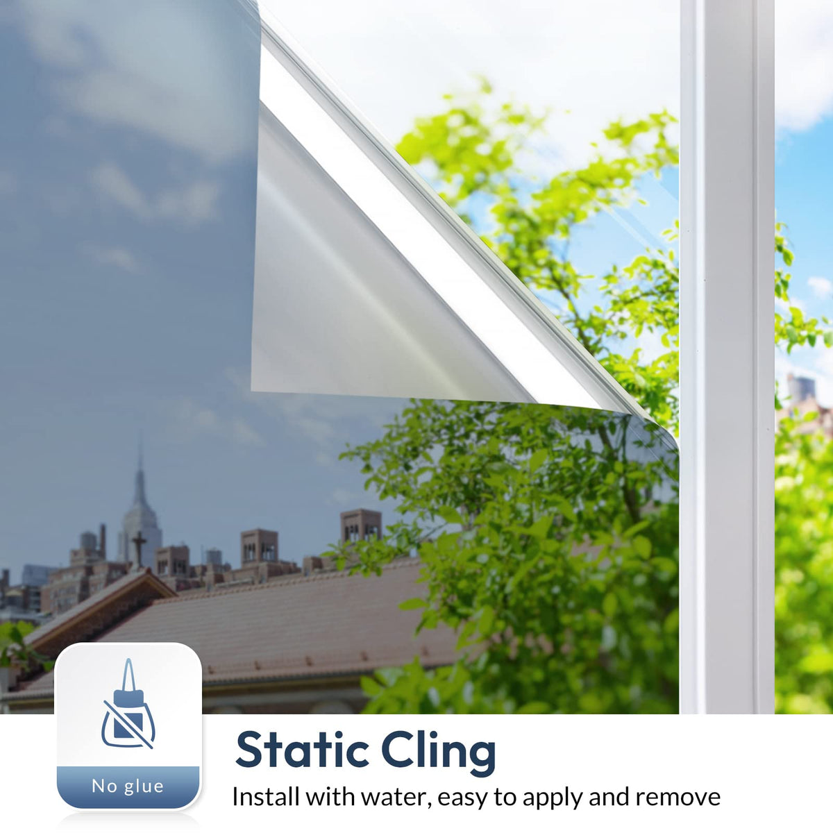 rabbitgoo One Way Window Film Daytime Privacy Window Tint Film for Home and Office, Static Cling Heat Control Anti UV Sun Blocking Reflective Mirror Vinyl, 60x400cm, 23.6"x157.4", Silver