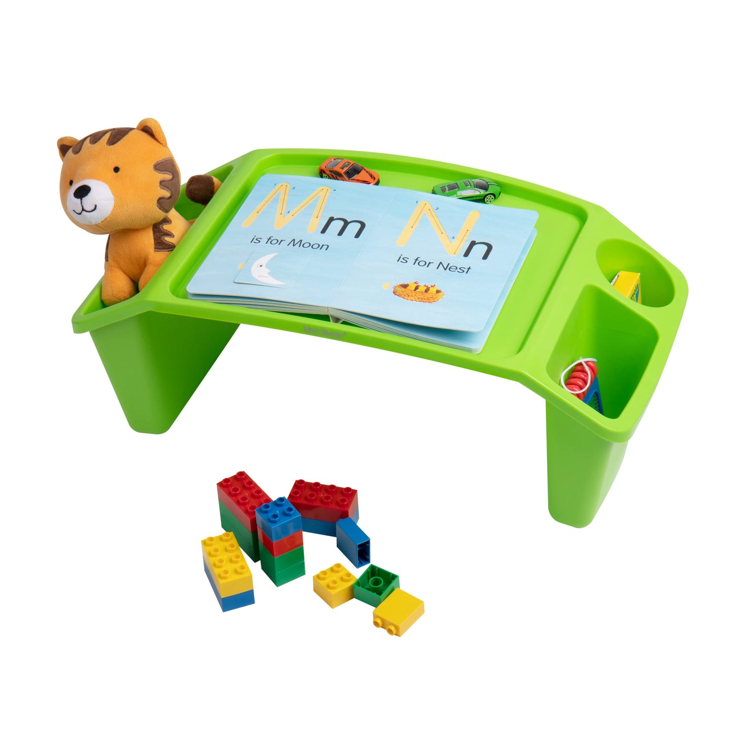 Mind Reader Kids Lap Desk, Portable Activity Tray with Side Storage, Stackable Plastic Desk for Drawing, Snacks, Study, Set of 2, Green