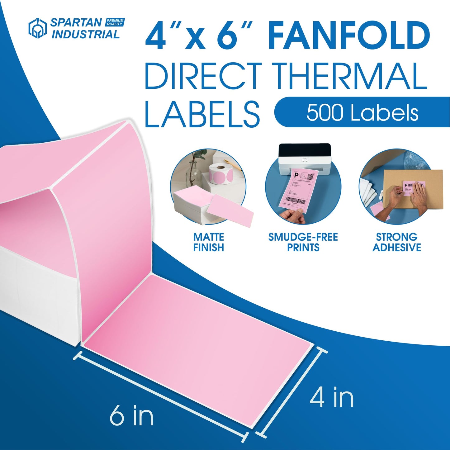 Spartan Industrial Direct Thermal 4" X 6" Fanfold Pink Shipping Labels | (500 Total 4x6 Fan-fold Labels) | Compatible with Rollo, Munbyn, Zebra Thermal Printers | Commercial Grade and Professional