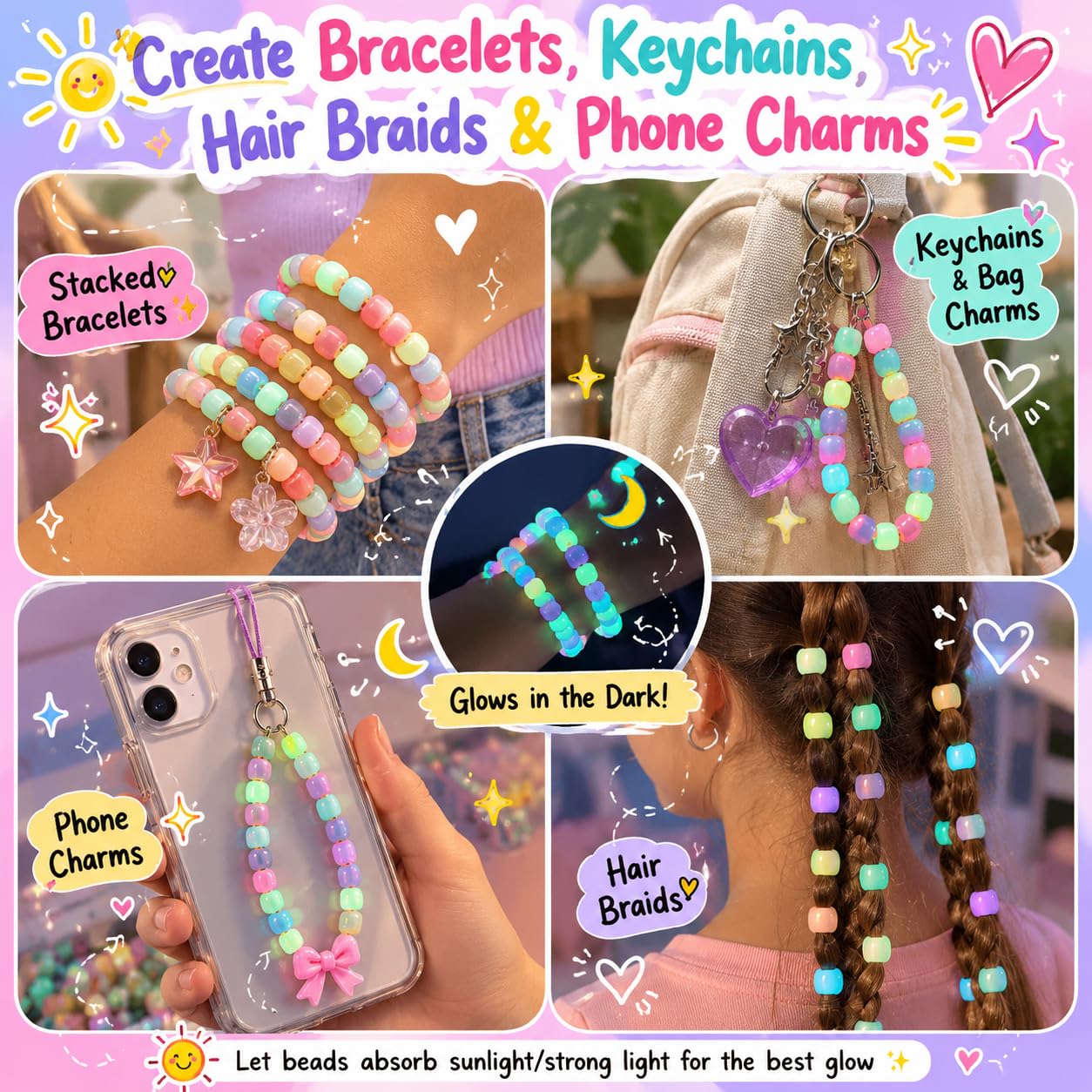 SJZWSD 6 Boxes Bracelet Making Kit Pony Beads, 6x9mm Kandi Rave & Hair Beads Set with UV Color Changing, Glow-in-Dark, Chrome & Alphabet Letters for Friendship Jewelry DIY Crafts