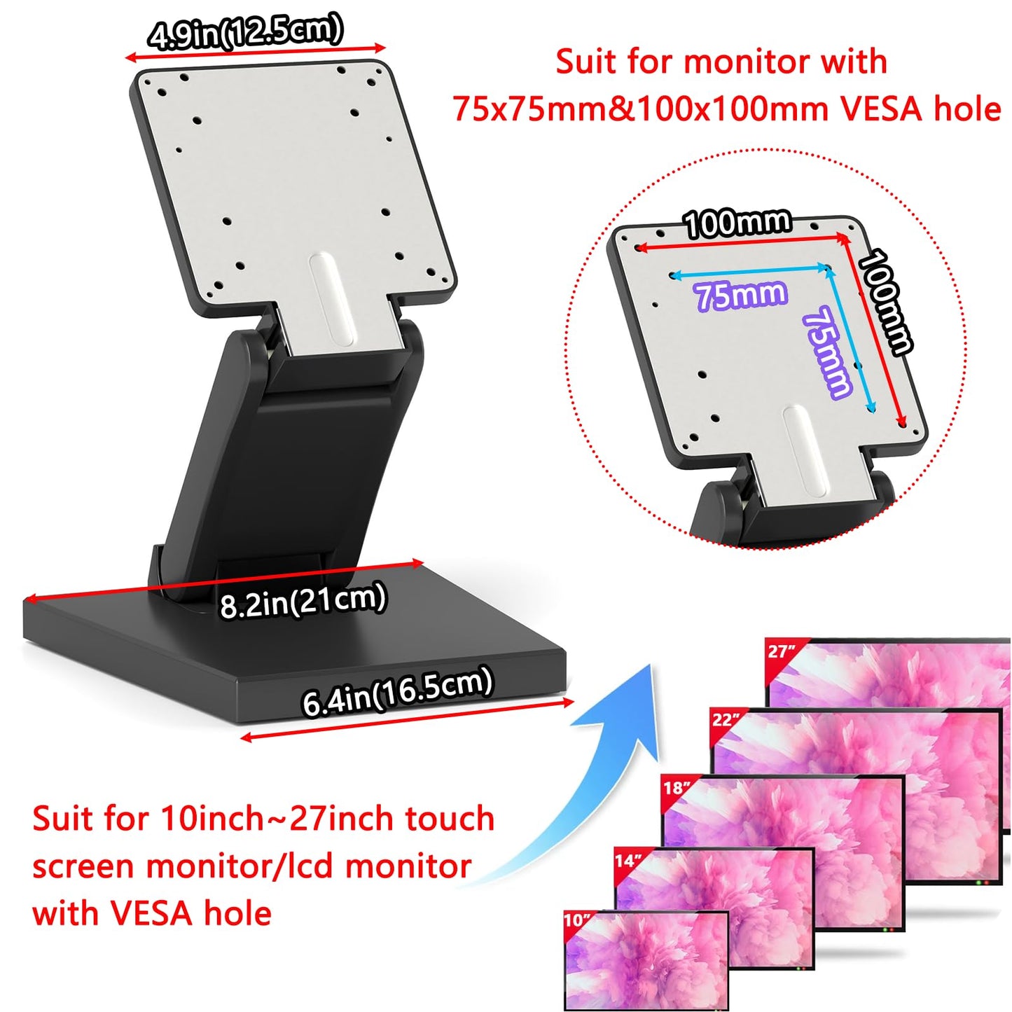 Adjustable Metal Folding Monitor Bracket for Touch Screen Desk Mount with VESA Hole 75x75mm&100x100mm All in Single PC Stand (Black)