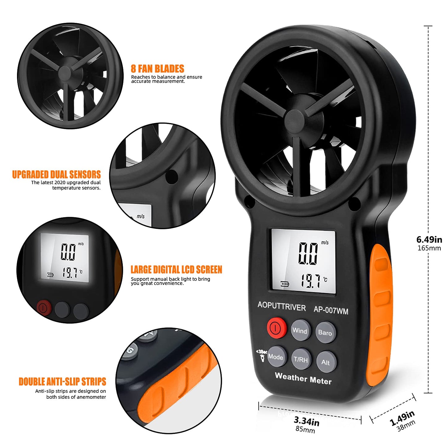 Digital Anemometer Barometer AP-007WM Altimeter Gauge, Handheld Anemometer for Wind Speed/Temperature with Wind Chill & Relative Humidity, Altitude, Barometric Pressure measure for HVAC CFM Shooting