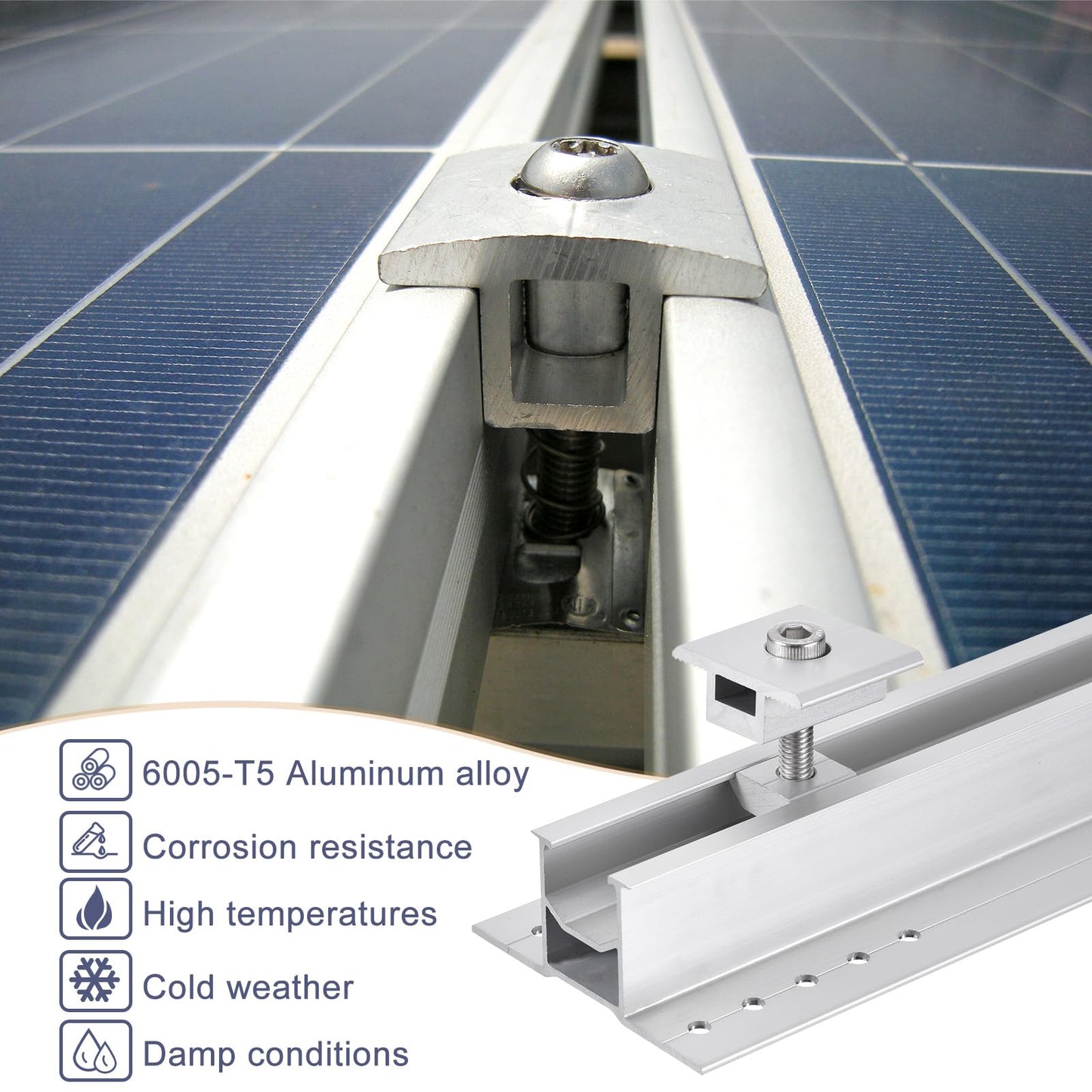 MECCANIXITY Set of Solar Panel Bracket, 6 x 300mm Aluminium Extrusions Mounting Rail, 8 x 35mm Clamps Solar Mounting Rail Connector for Tin Roof, Flat Roof