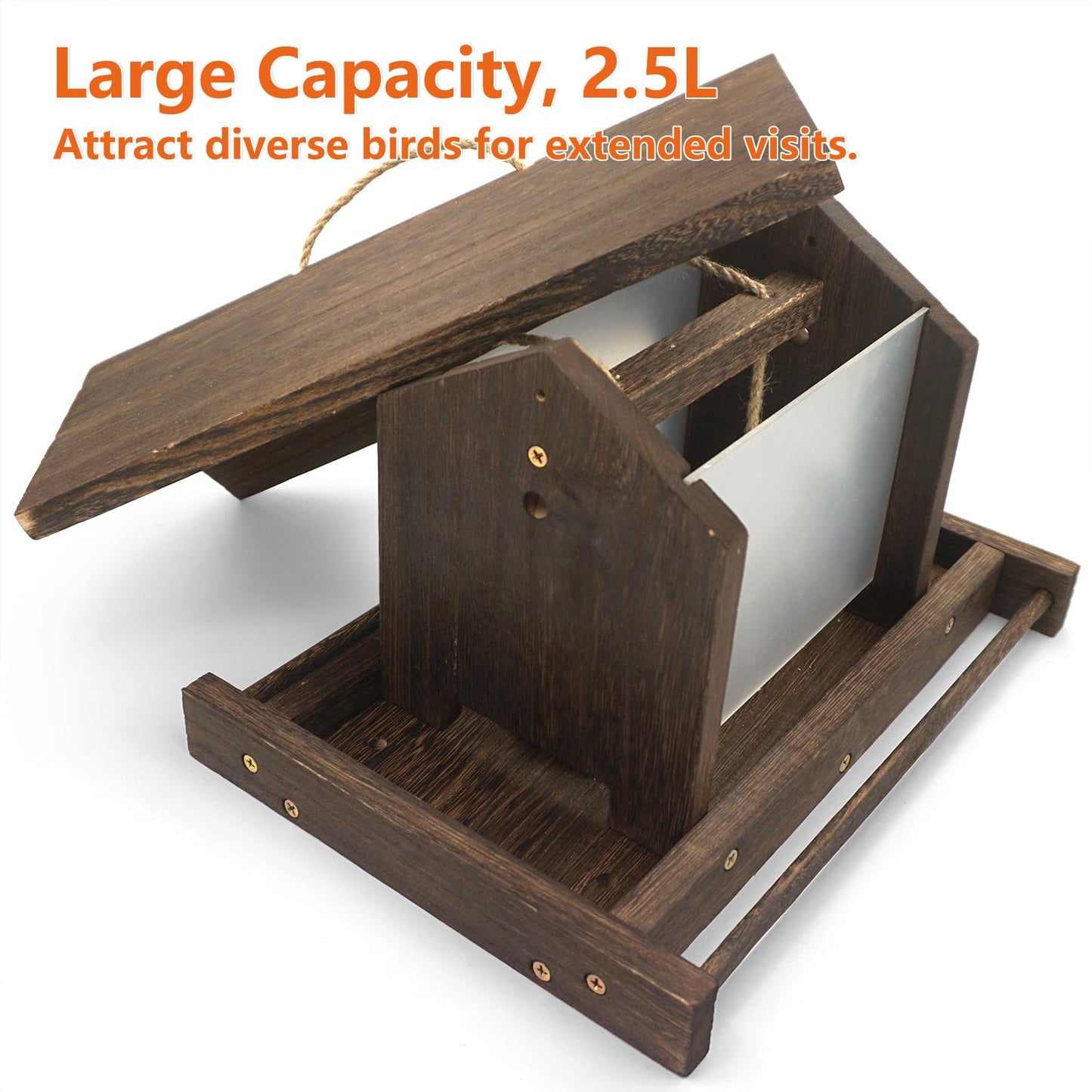 Zeqeey Wooden Bird Feeder Large Capacity Hanging Wood Birdfeeder with Tree Railing Handrail Fence Mounting Bracket for Feeding Outside Garden Wild Finches Robin Sparrow
