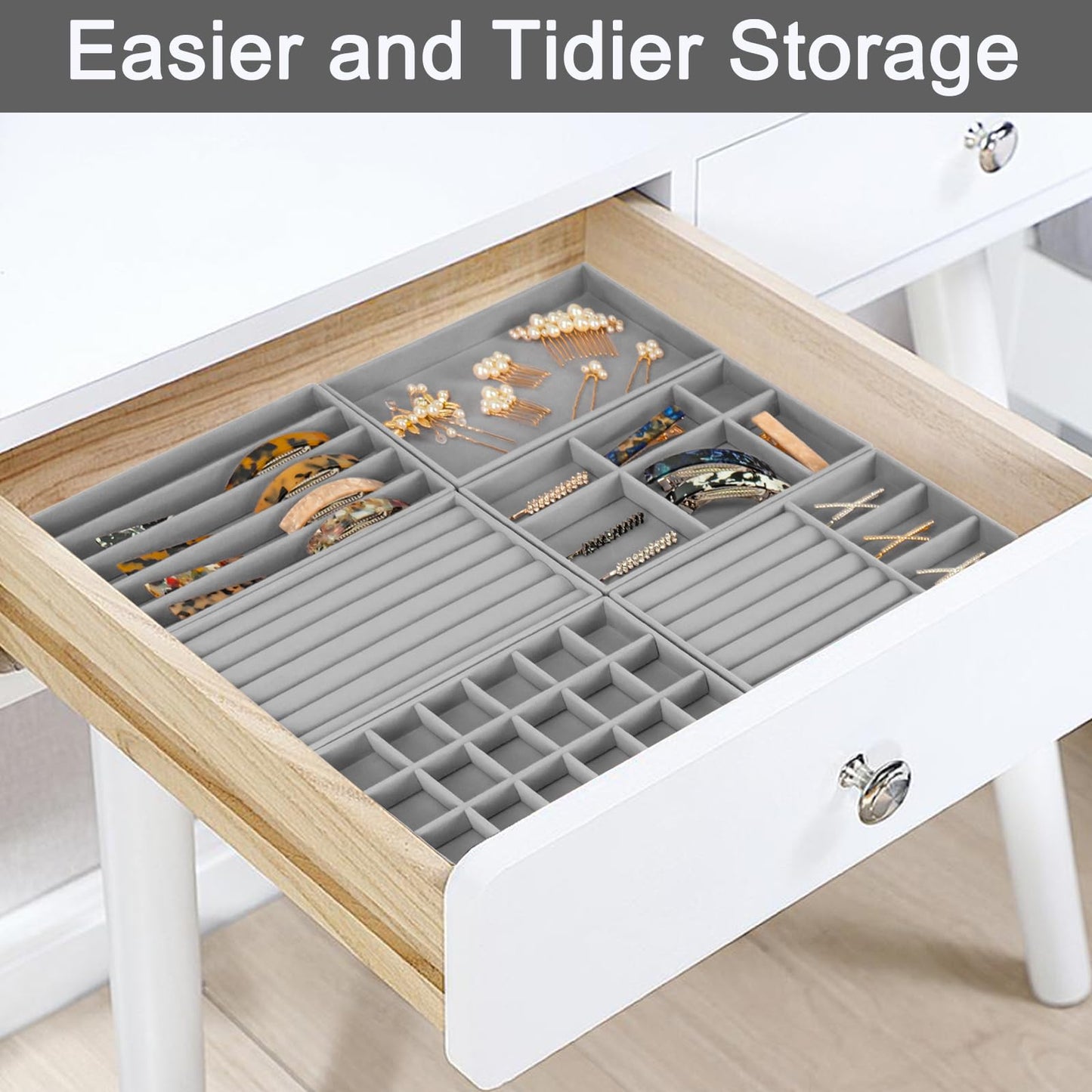 12Pcs Velvet Stackable Jewelry Trays, FHDUSRYO Jewelry Drawer Organizer, Large Removable Display Jewelry Tray, Necklace Bracelet Storage Box for Earring, Ring, Brooch, Watch (Grey)