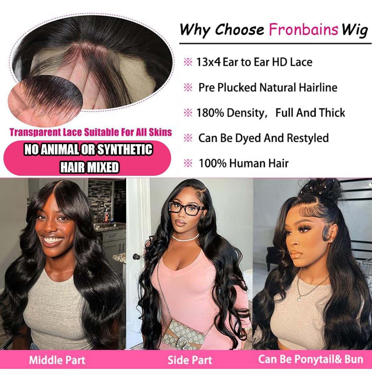 Fronbanis Body Wave Lace Front Wigs Human Hair Wigs for Women 13x4 180% Density HD Lace Frontal Wig Pre Plucked with Baby Hair Perruque Femme Humain Naturel 20 Inches Natural Black