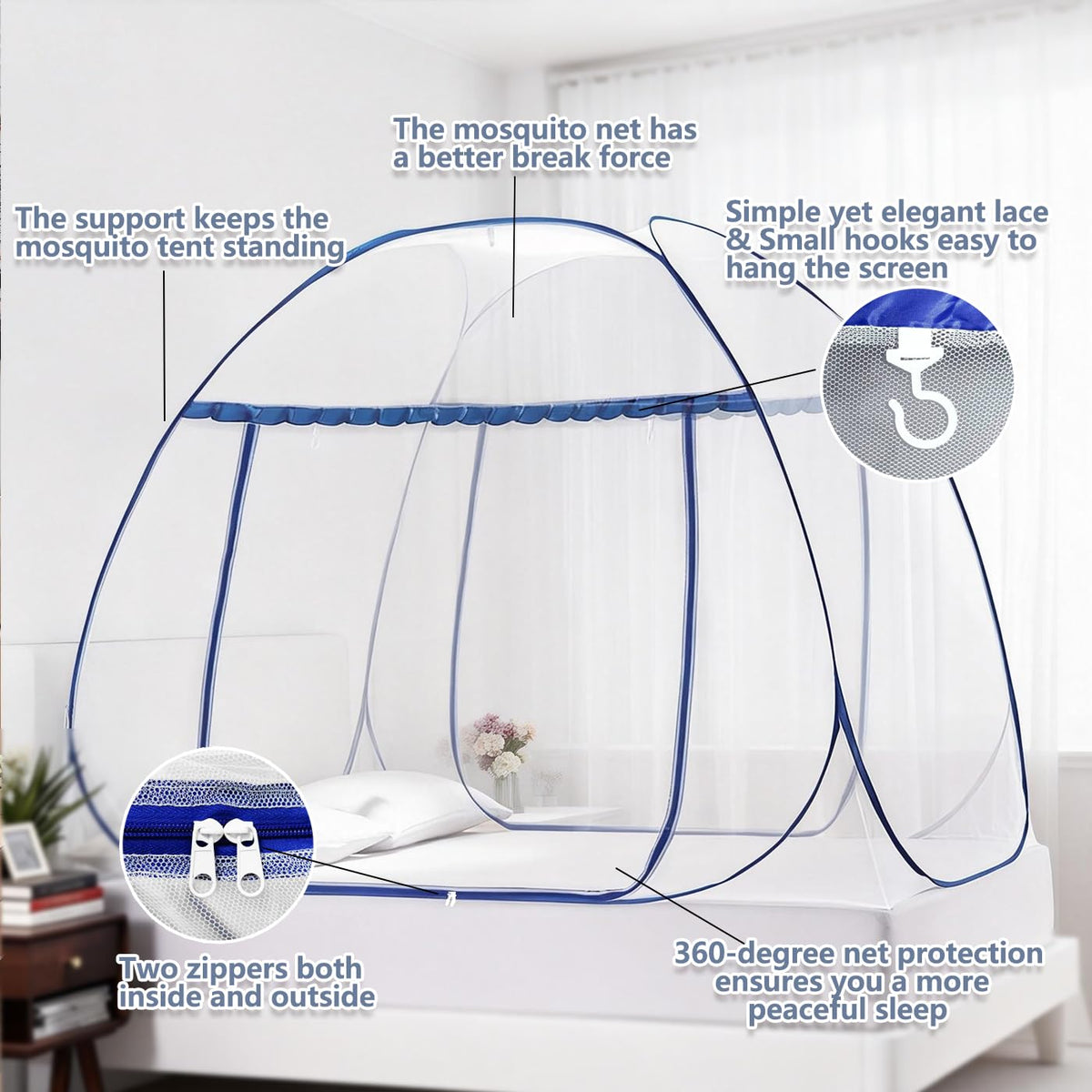 Pop-Up Mosquito Net Tent for Bed, Queen Size Folding Portable Camping Travel Mosquito Tent with Net Bottom for Baby Adults, Easy to Wash Mosquito Net for Bed, L79 x W59 x H59 inch, 2 Entries