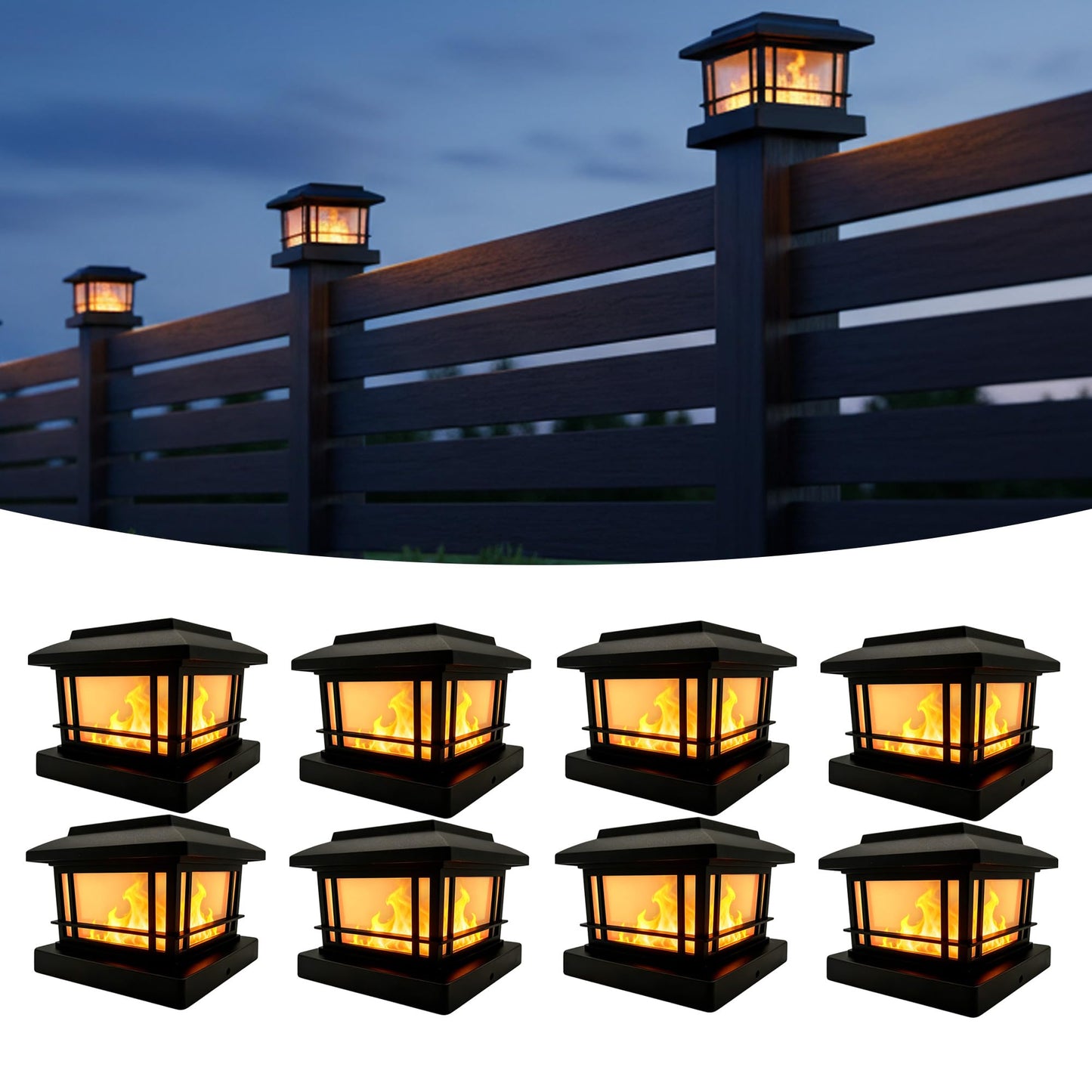 8 Pack Solar Flame Post Lights Outdoor, Solar Powered Fence Post Cap Lights, High Brightness Flickering Flame SMD LED Lighting Decor for Garden Deck Patio, 4x4, 5x5 Vinyl/Wooden Posts