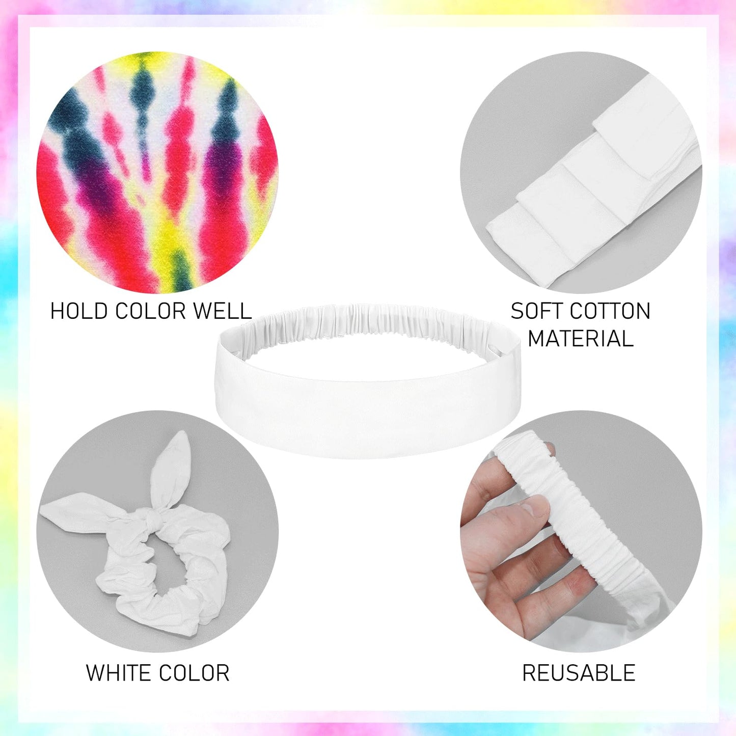 65 Pcs White Cotton Scrunchies Hair Ties Accessories for Tie Dye Party Supplies Including 30 Scrunchies 15 Bow Hair Ties 20 Headband Non Slip Stretchy Elastic Head Wrap Holder for Women DIY Tie Dye