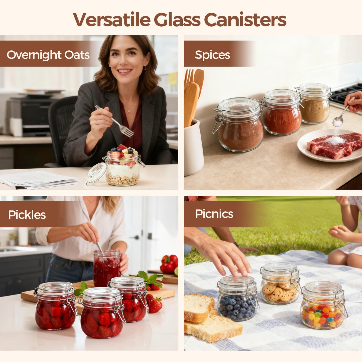 ComSaf Glass Food Storage Jar with Airtight Lid 500ML/17OZ Set of 6, Storage Canister Container Round with Clear Preserving Seal Clip Fastening for Kitchen and Pantry Organization Cereal, Coffee,