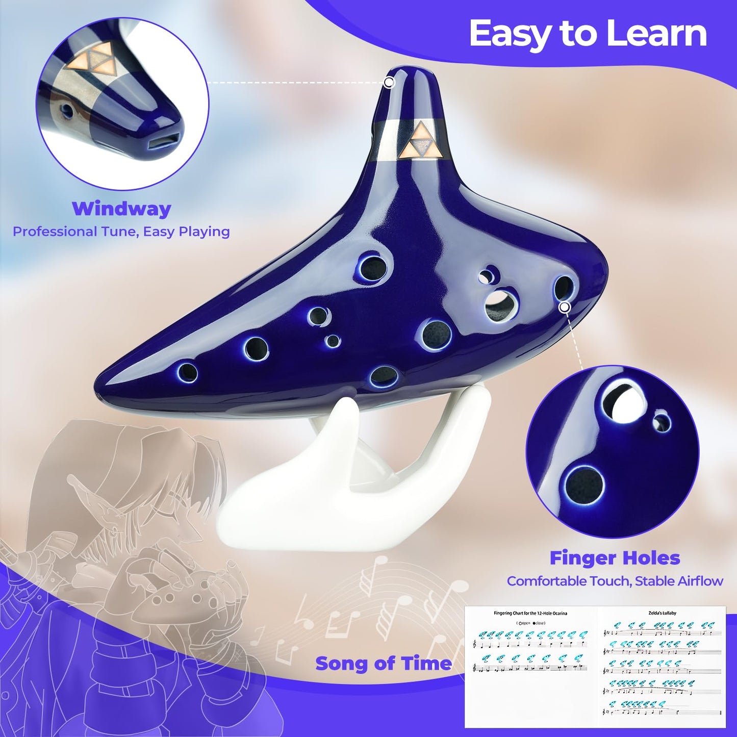 Ohuhu Zelda Ocarina with Song Book (Songs From the Legend of Zelda), 12 Hole Alto C Zelda Ocarinas Play by Link Triforce Valentine's Day Gift for Zelda Fans with Display Stand Protective Bag