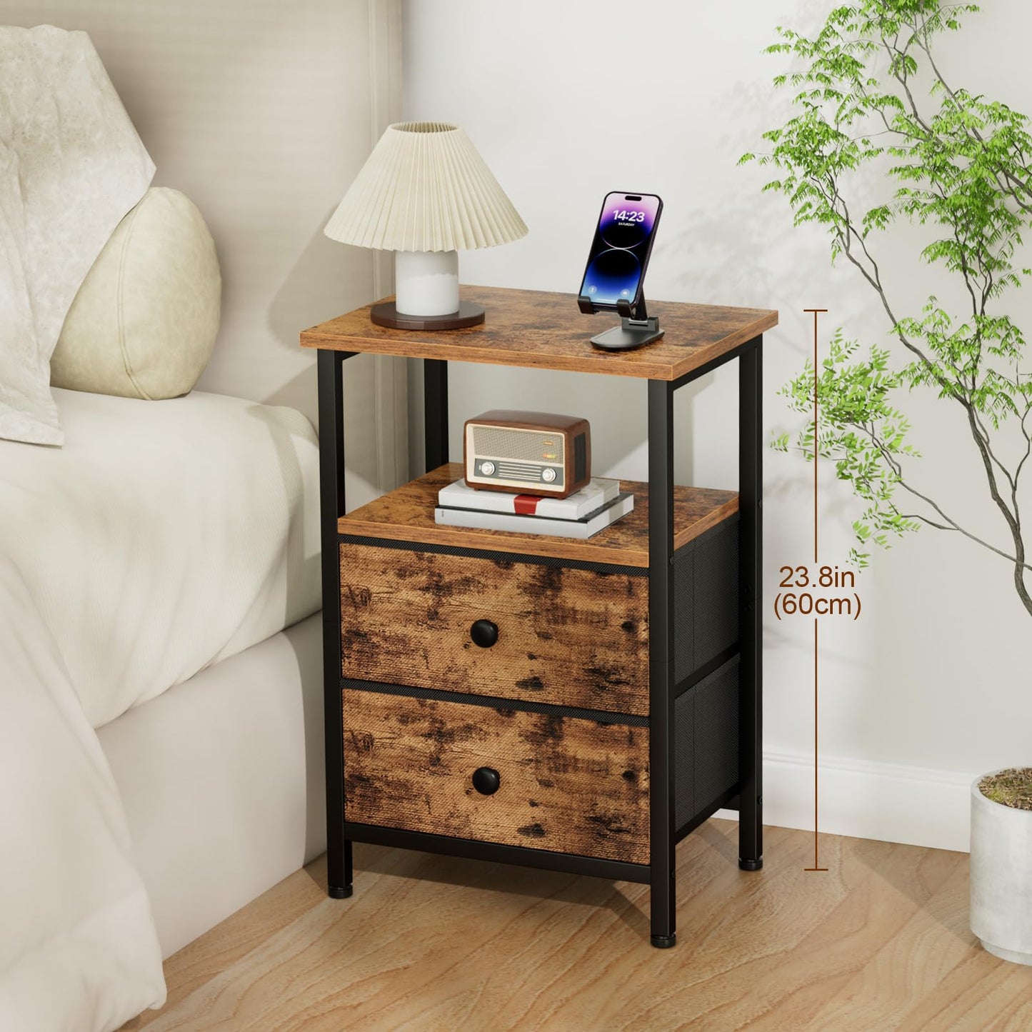 LOAKEKEL Night Stand, Bed Side Table with 2 Fabric Drawer for Living Room, Nightstand with Large Storage Space, End Table with Shelf for Bedroom, Brown, HETS002BR-1