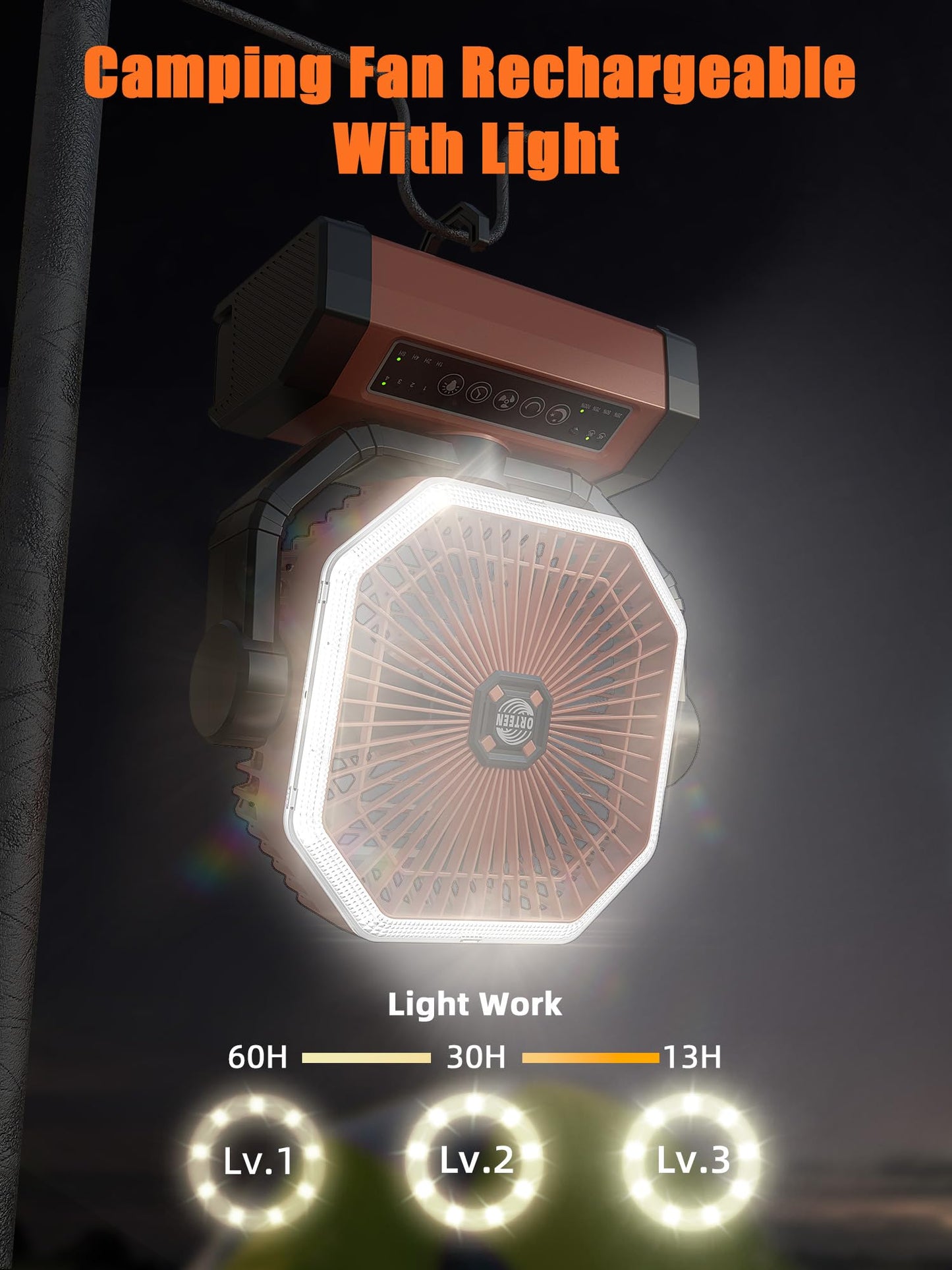 Battery Powered Fan - 9-Inch Rechargeable Fan Portable, 20000mAh(60Hrs) Camping Fans for Tent, Auto Oscillation Cordless, Tent Fans for Camping with Remote/light, 4 Speeds, 4 Timing, Outdoor