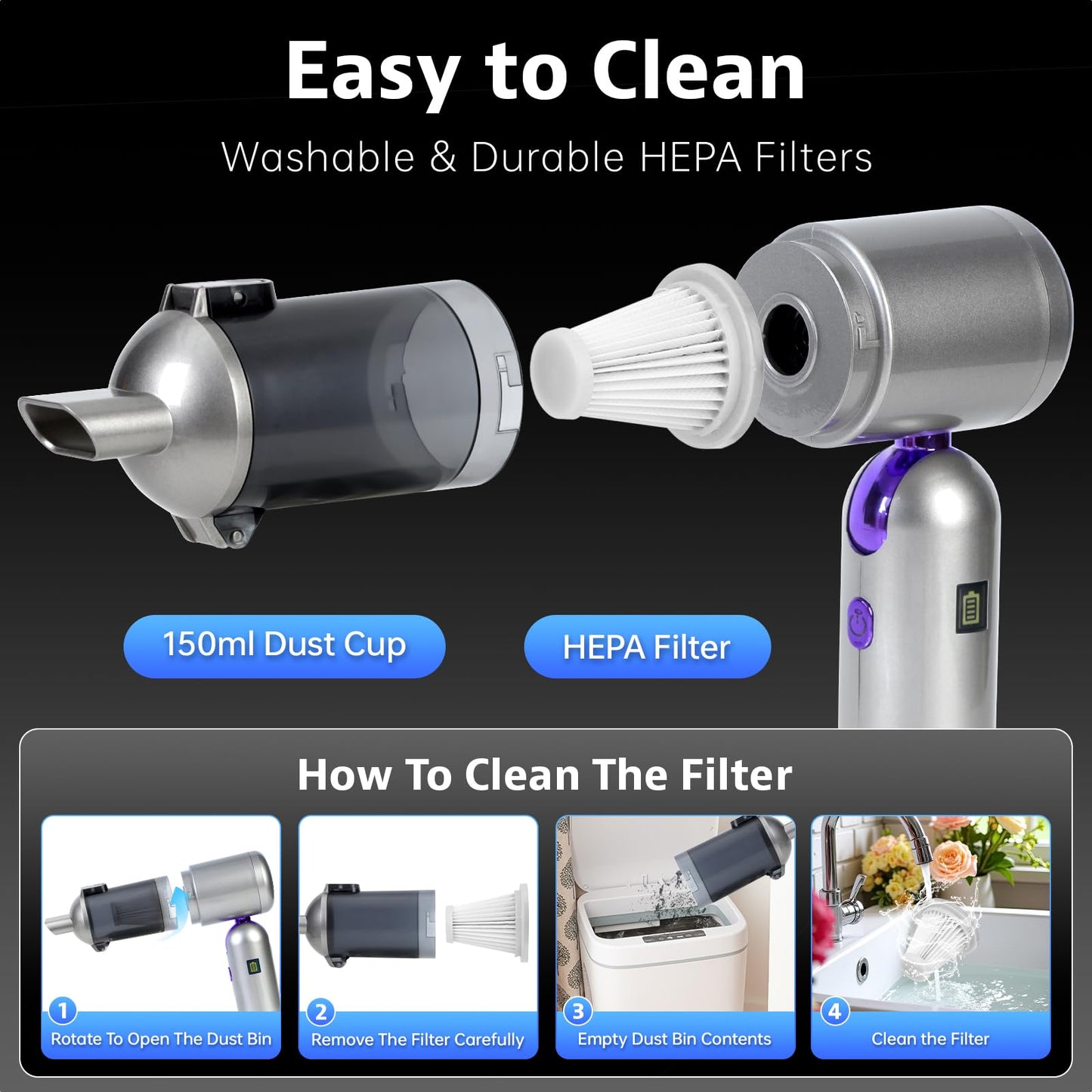 Bug Vacuum Catcher & Car Vacuum Cleaner, 180° Foldable Rechargeable Mini Handheld Vacuum Cordless, 4-in-1 17KPa High Power Portable Inflator & Air Pump for Insects, Spiders, Pet Hair, Home & Garden