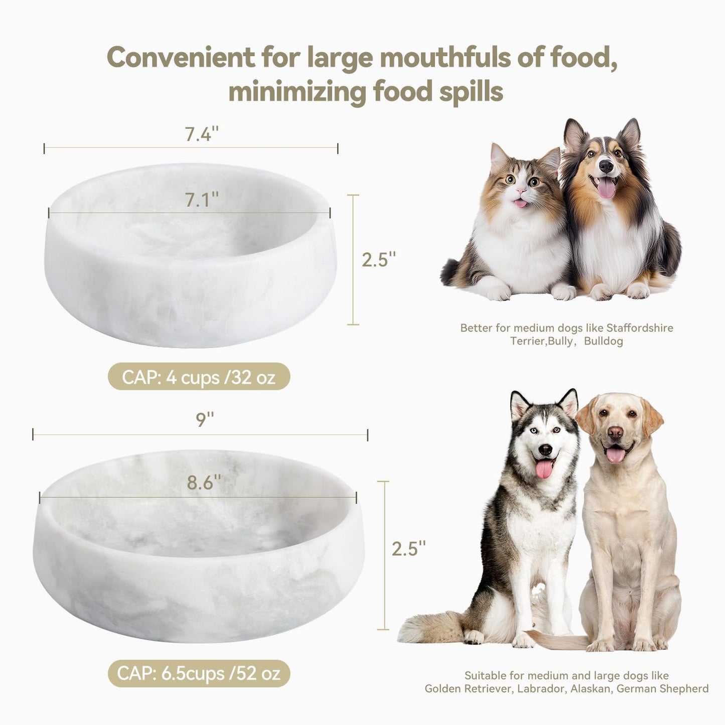 White Marble Dog Bowls, Non-Slip Dog Food Water Bowl Small, Pet Bowl for Cats and Medium Dogs, African Natural Marble, Holds 4 Cups(5lbs)