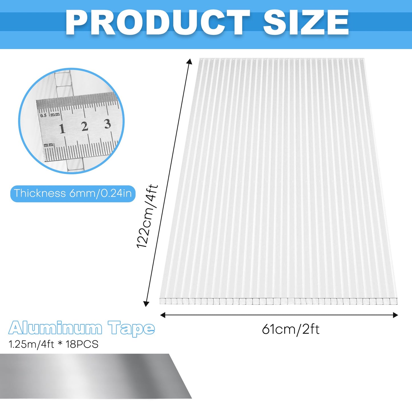 Solaroxy 6pcs Polycarbonate Greenhouse Panels, 4’x2’x0.24’’ Clear Twin-Wall Roof Panels with 18pcs Waterproof Aluminum Foil Tape, UV Protected Plastic Sheet for Greenhouse Roof Outdoor Plant Stand