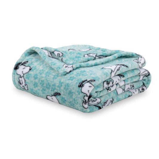 Berkshire Blanket Peanuts® VelvetLoft® Cute Character Snoopy Plush Blanket,Snoopy Springtime Floral Dance Large Blue,Full/Queen 90 in x 90 in (Official Peanuts® Product)